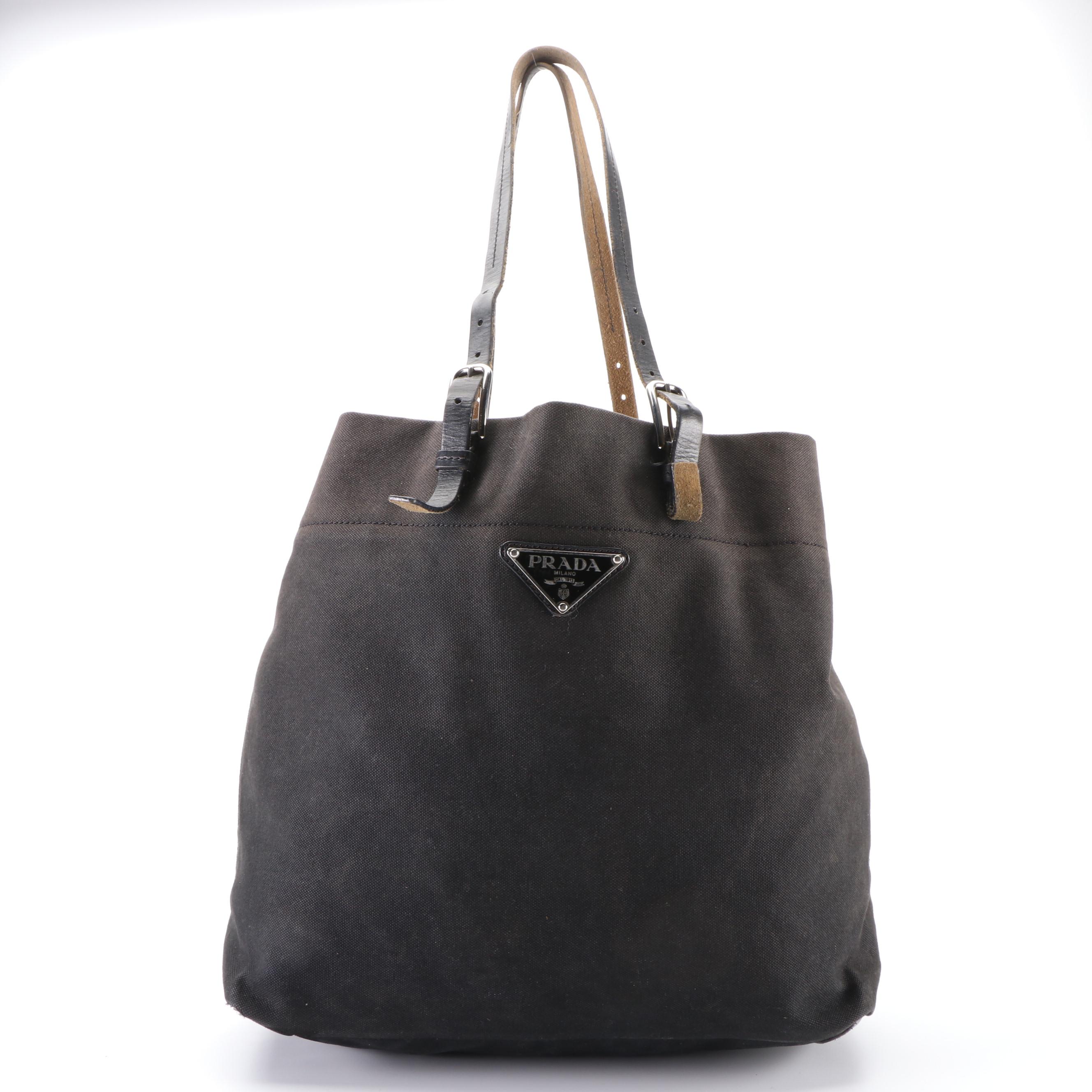 Prada Medium Shopper Tote in Black Cotton Canvas with Leather Trim