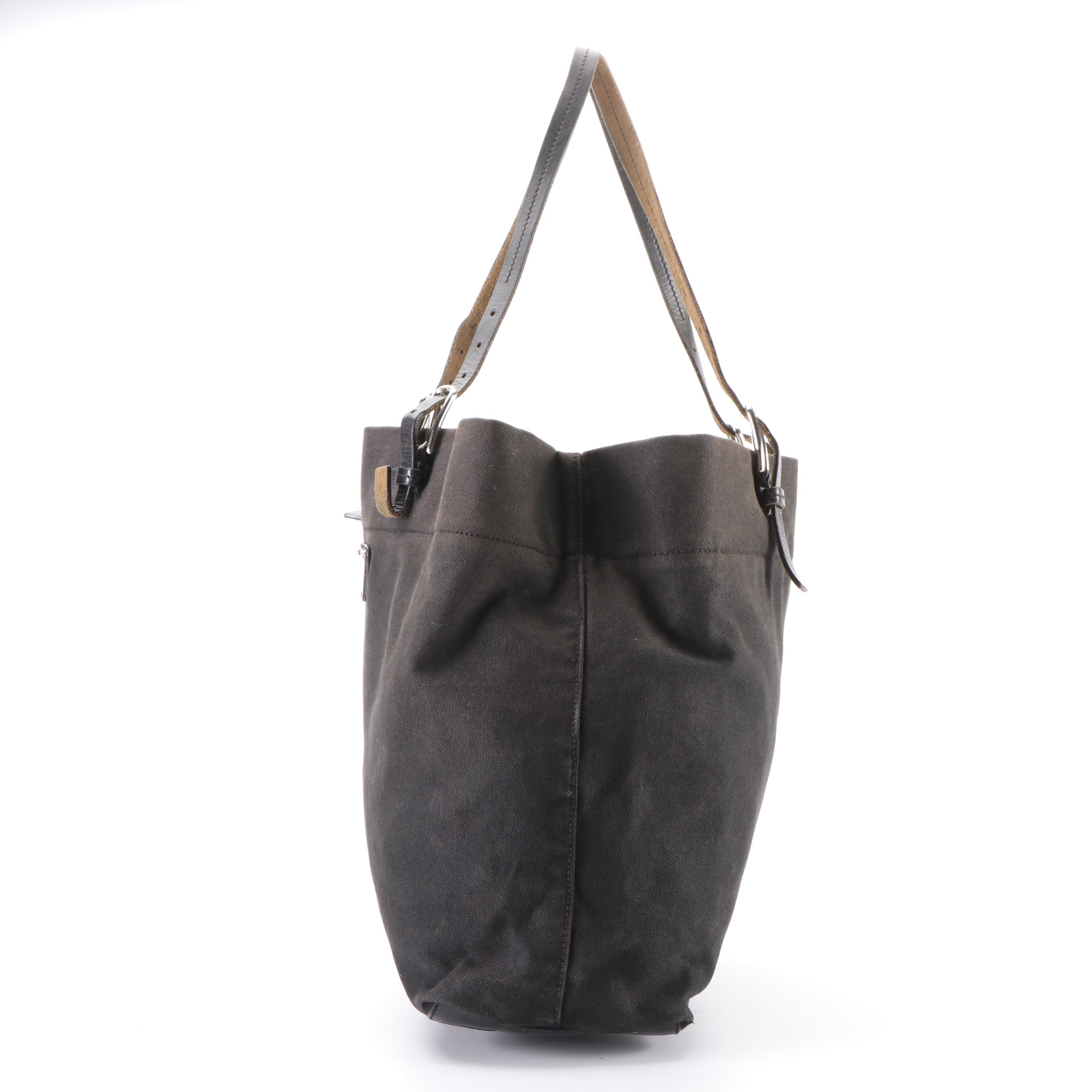 Prada Medium Shopper Tote in Black Cotton Canvas with Leather Trim