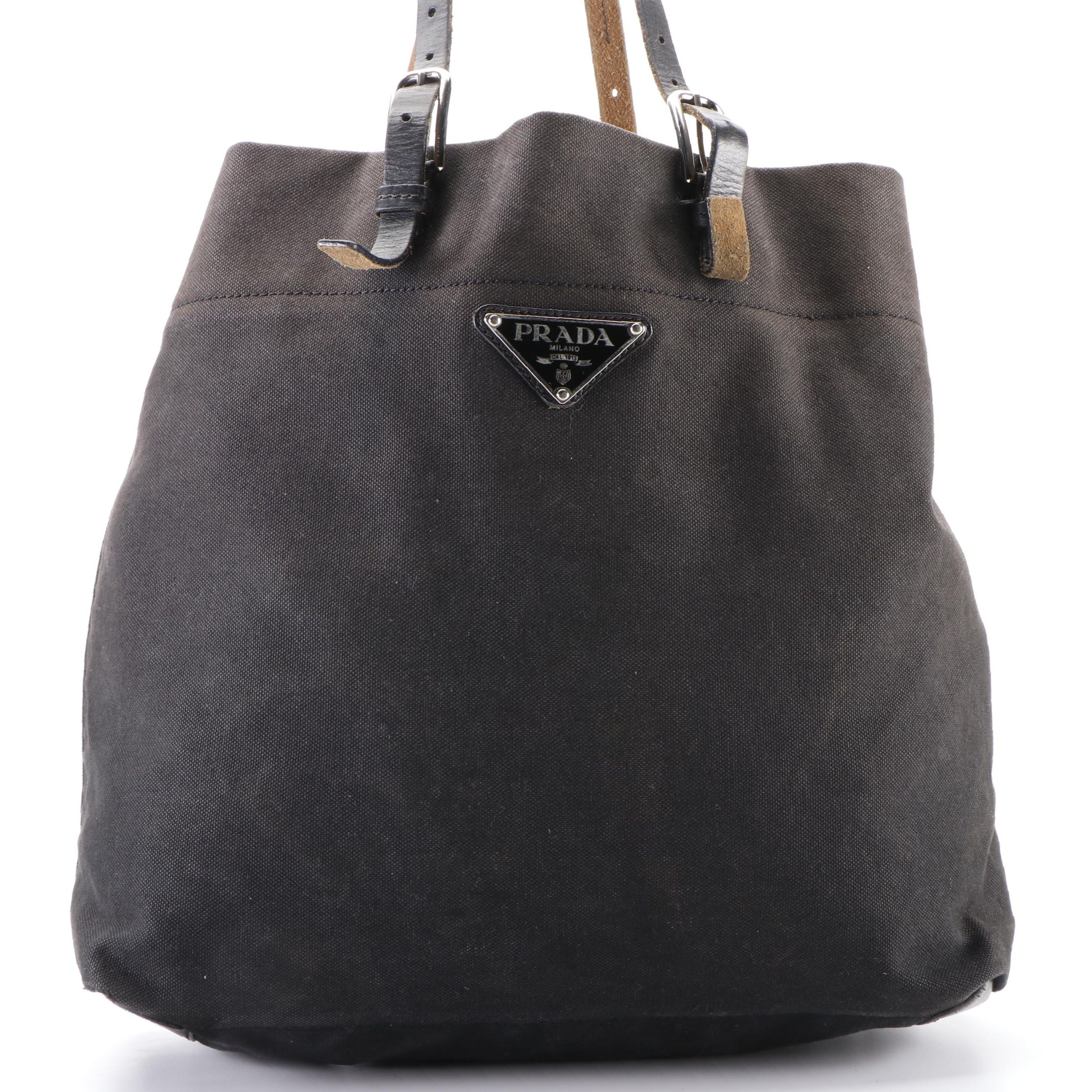 Prada Medium Shopper Tote in Black Cotton Canvas with Leather Trim