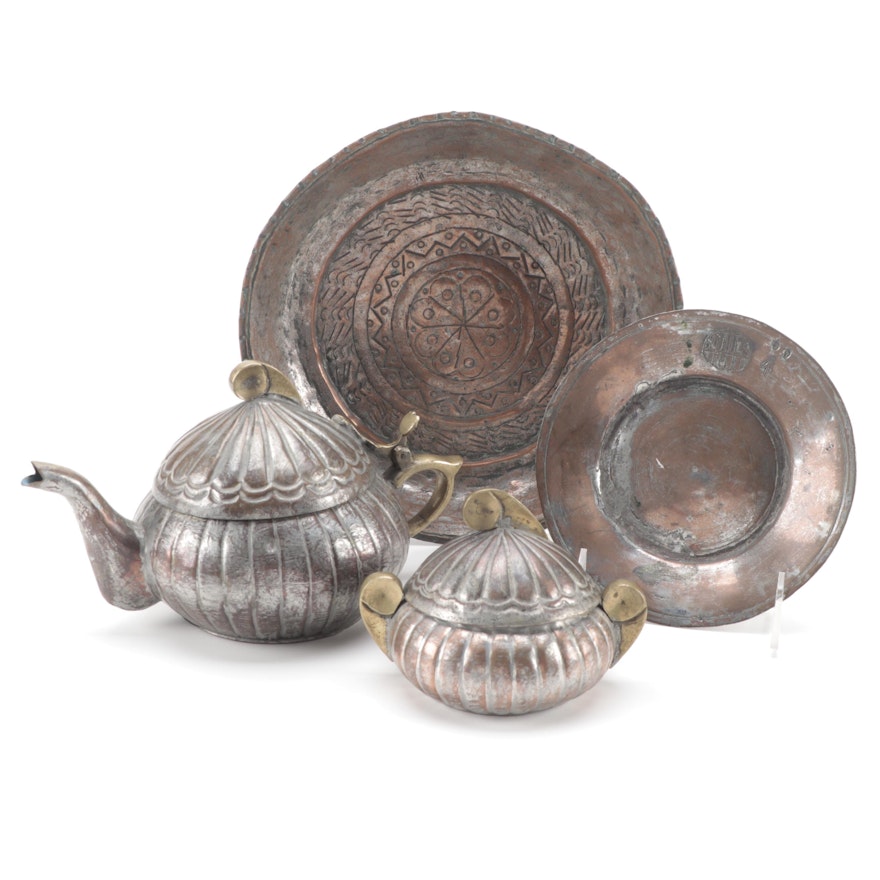 Turkish Silver Over Copper Melon Shaped Tea Set with Other Bowls