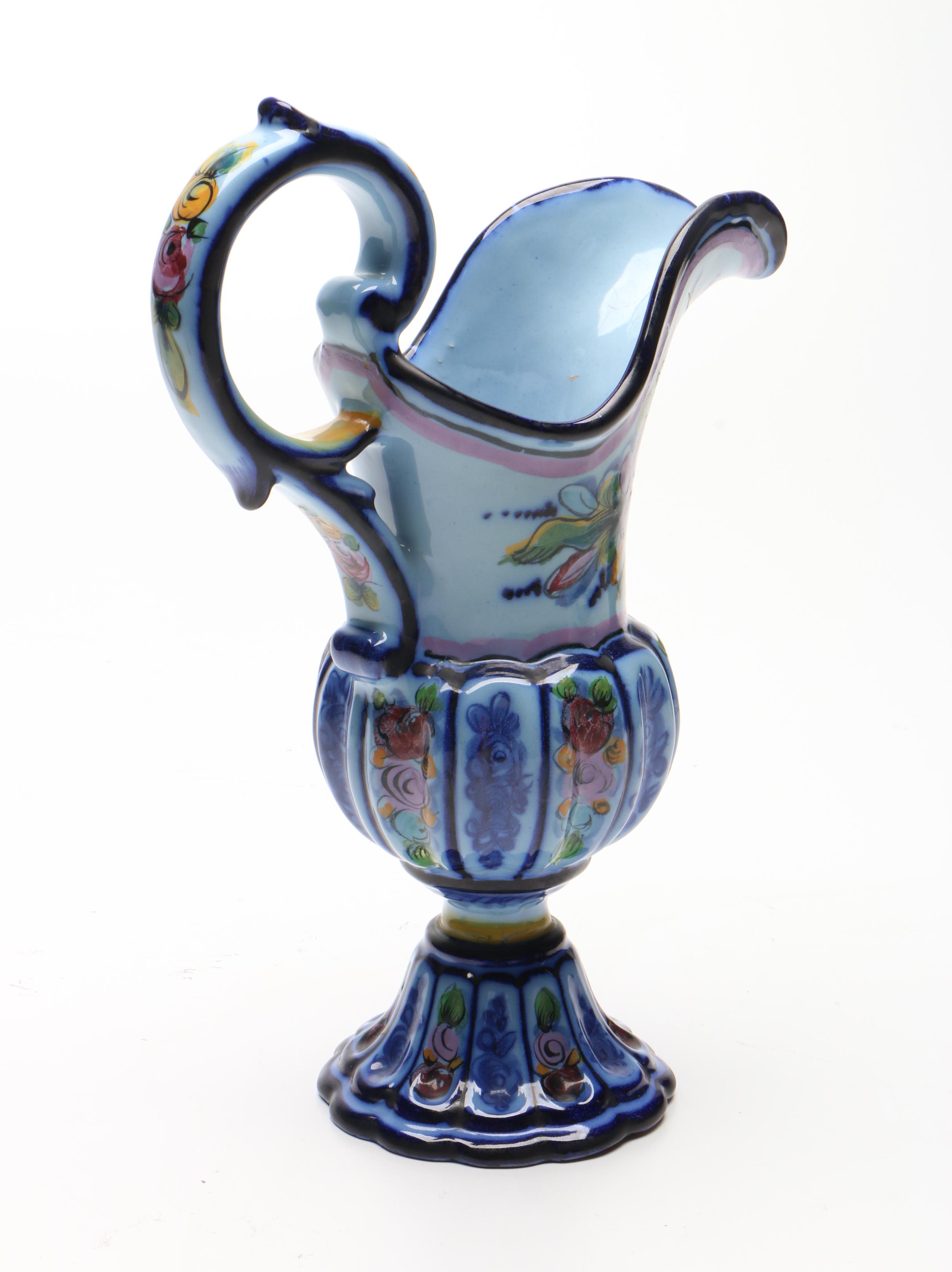 Alcoraca Portugese Hand-Painted Pitcher and Hand-Painted Basket