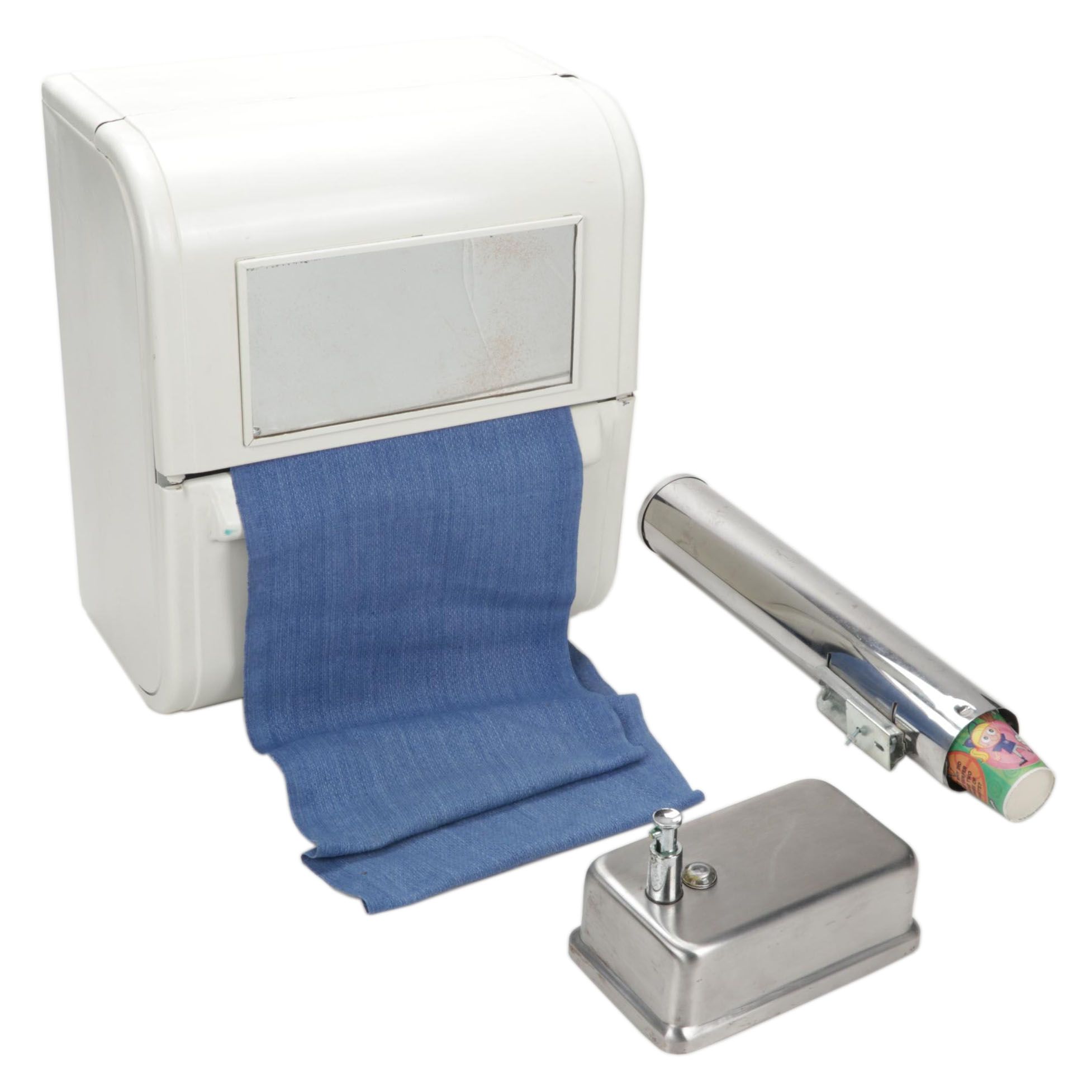 Wall-Mount Continuous Roll Towel Dispenser, Cup Dispenser and Soap Pump