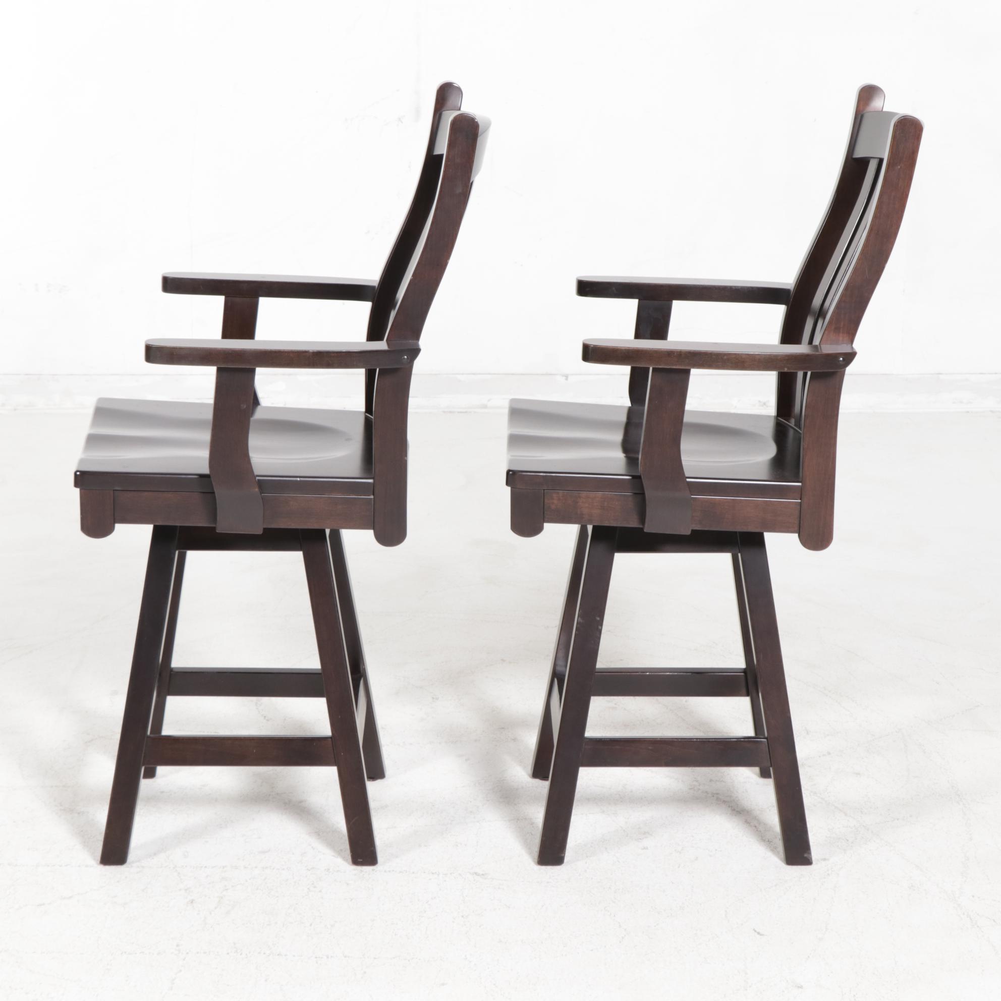Pair of Contemporary Counter-Height Wooden Swivel Chairs