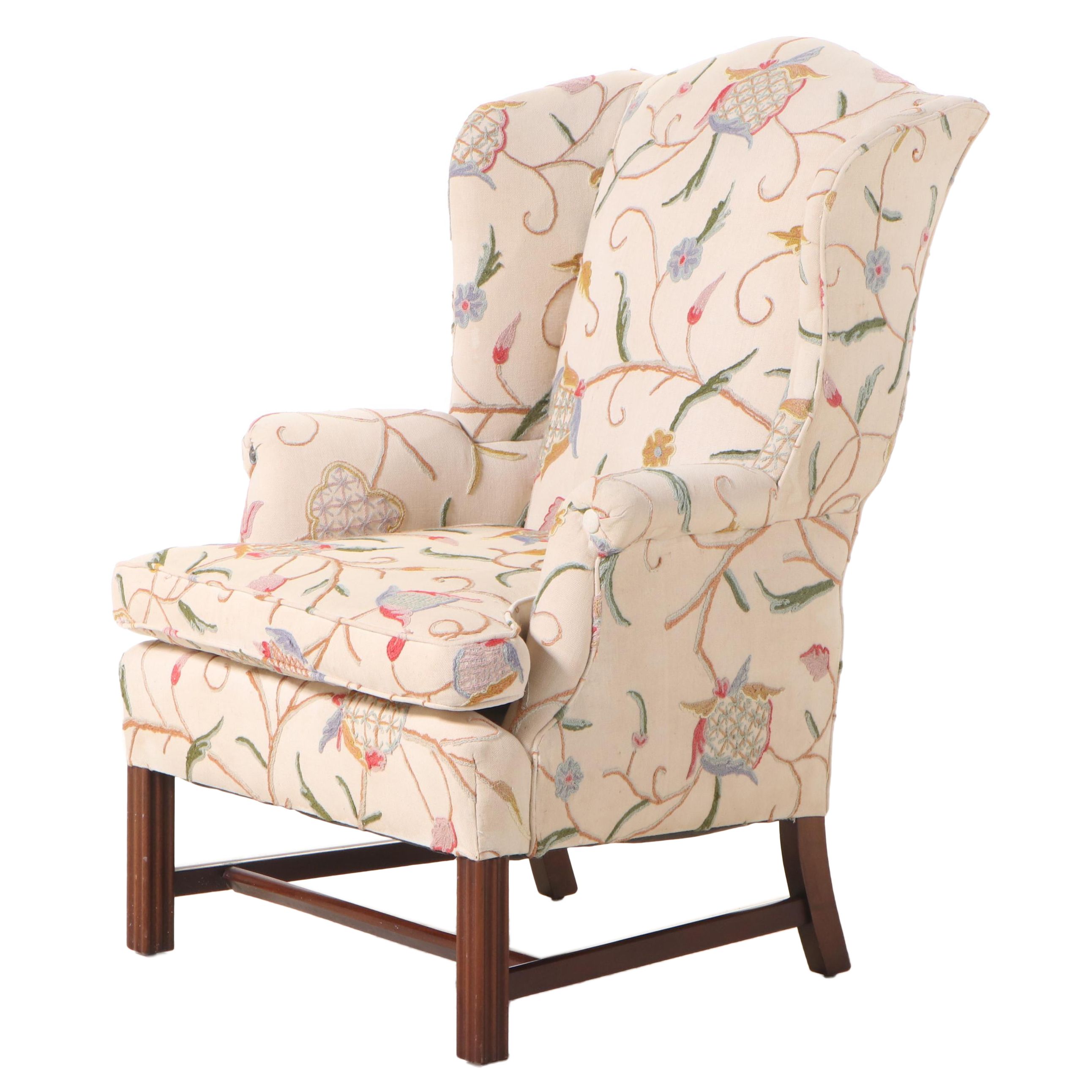 Berkeley Upholstering Co. Chippendale Style Mahogany and Crewelwork Wing Chair