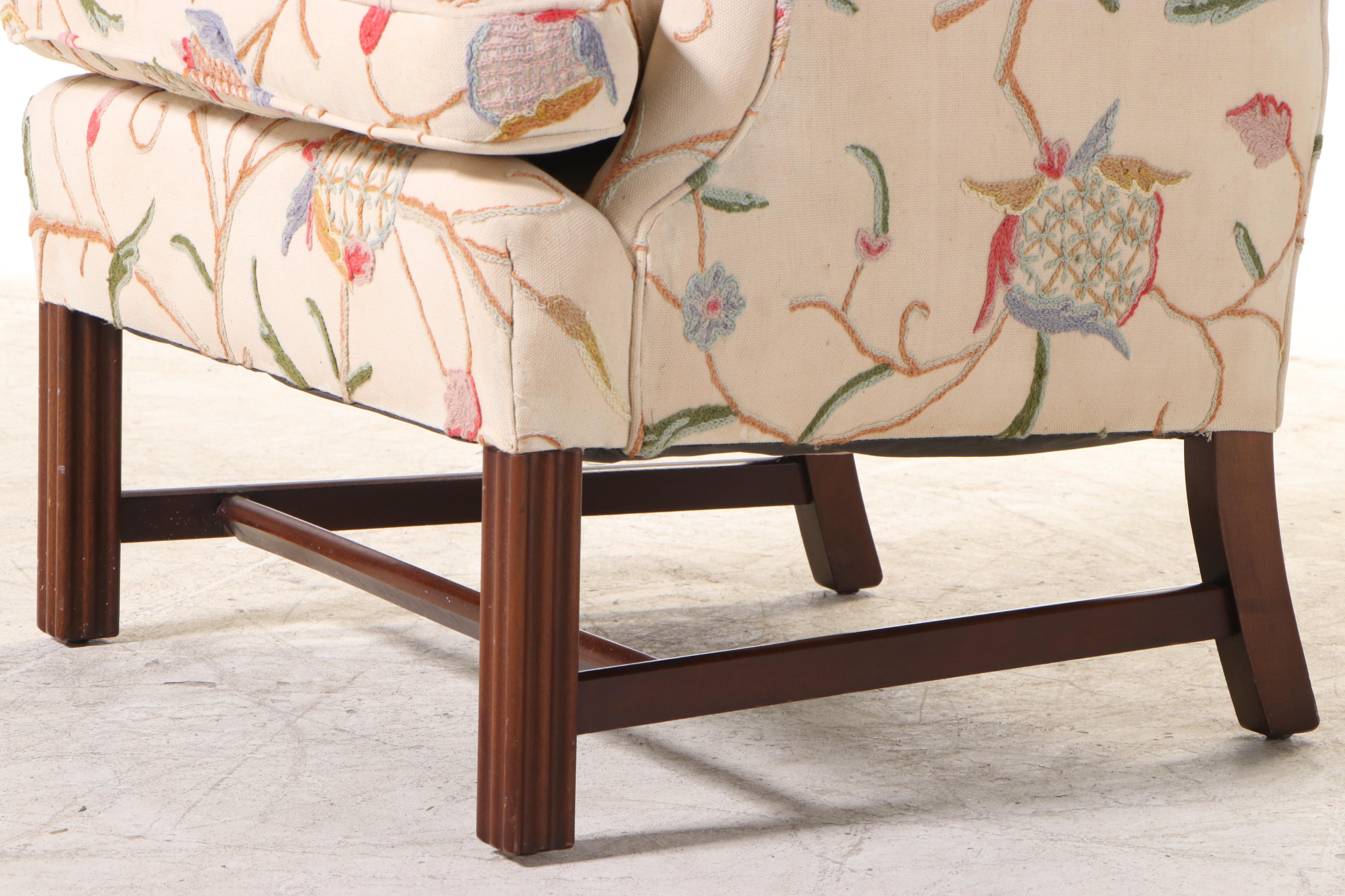 Berkeley Upholstering Co. Chippendale Style Mahogany and Crewelwork Wing Chair