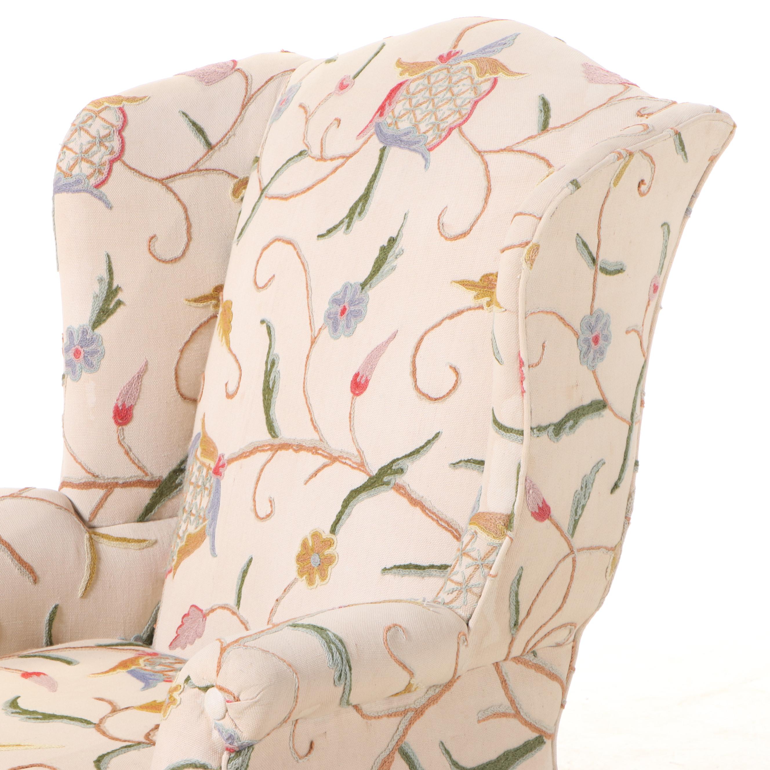 Berkeley Upholstering Co. Chippendale Style Mahogany and Crewelwork Wing Chair