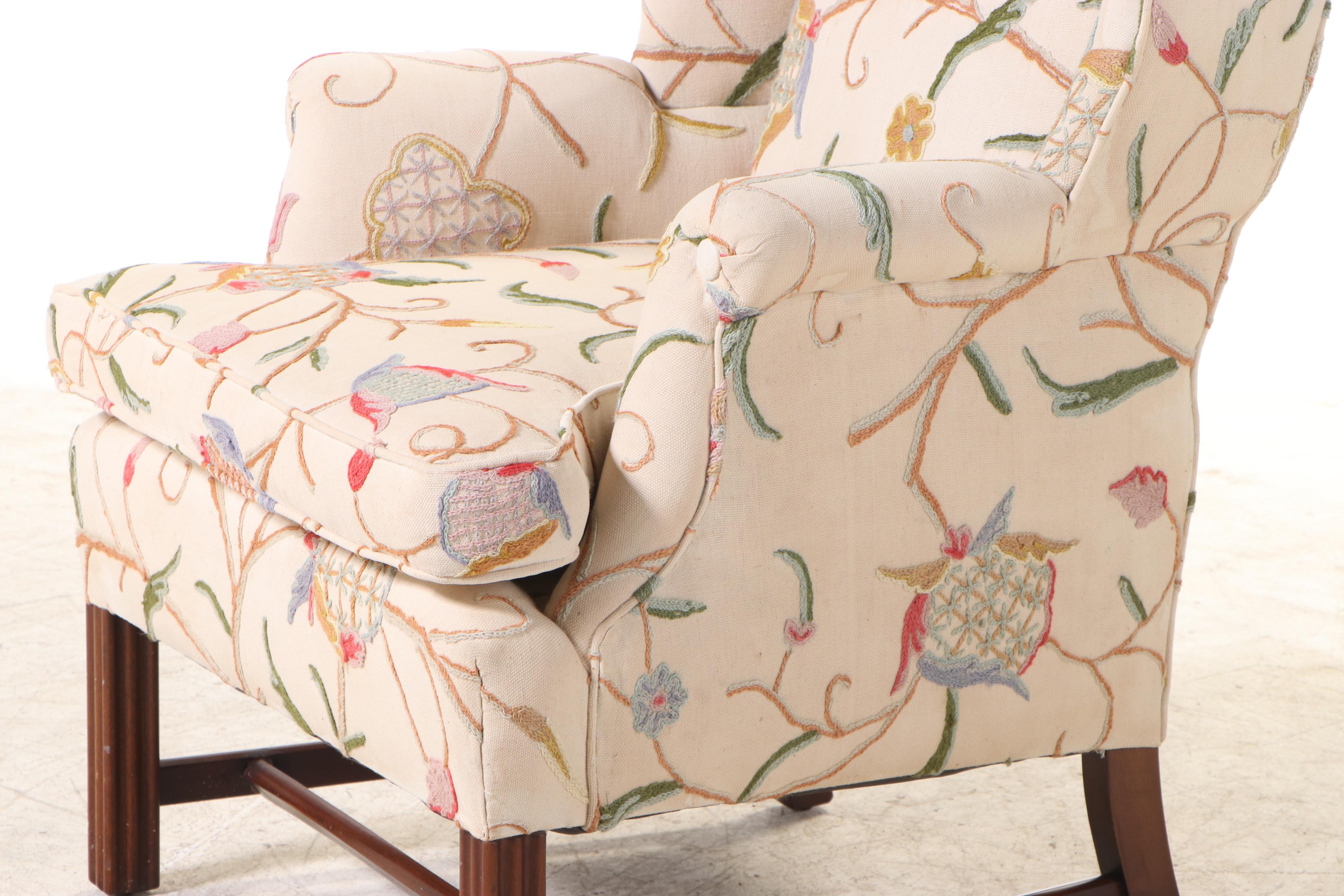 Berkeley Upholstering Co. Chippendale Style Mahogany and Crewelwork Wing Chair