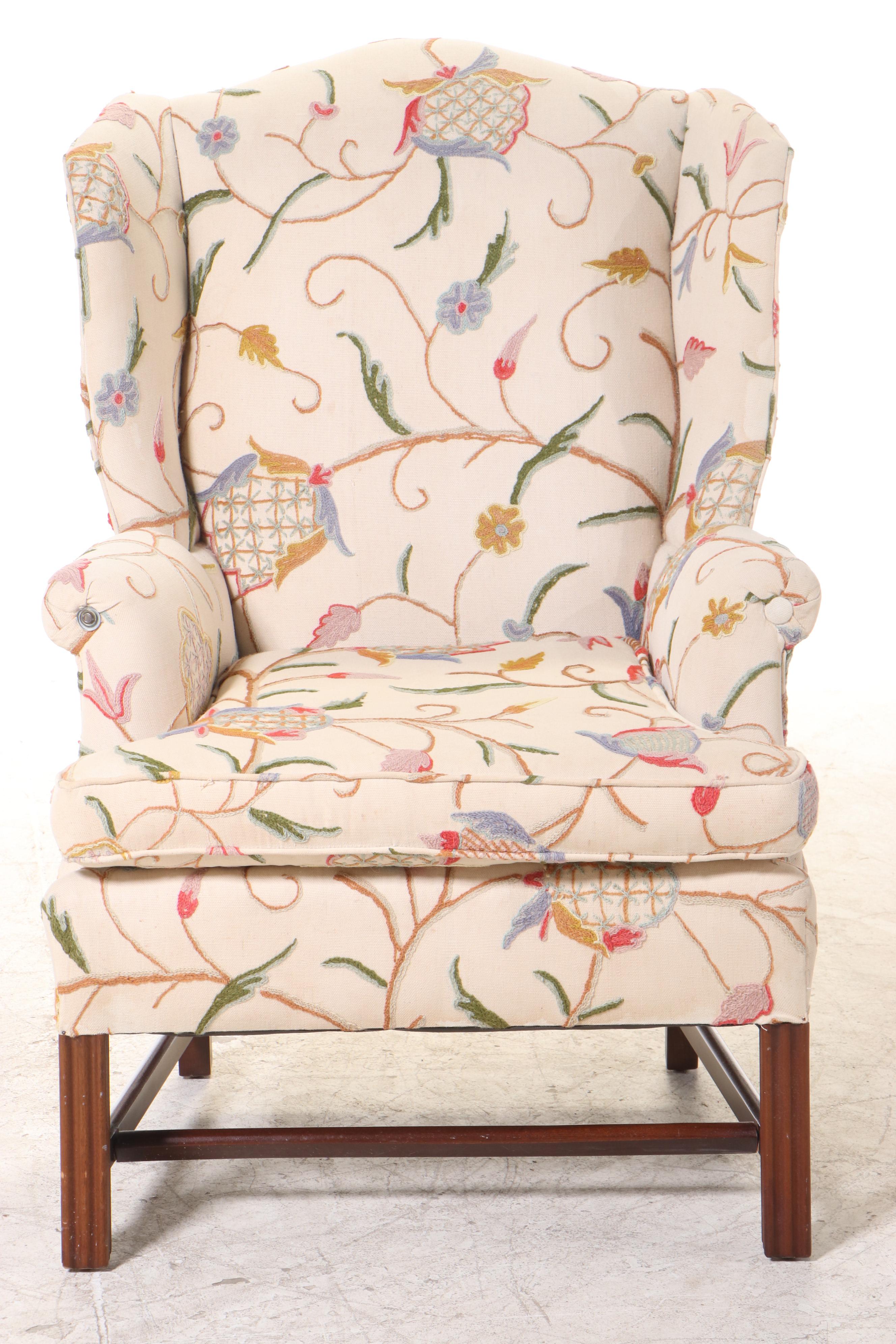 Berkeley Upholstering Co. Chippendale Style Mahogany and Crewelwork Wing Chair