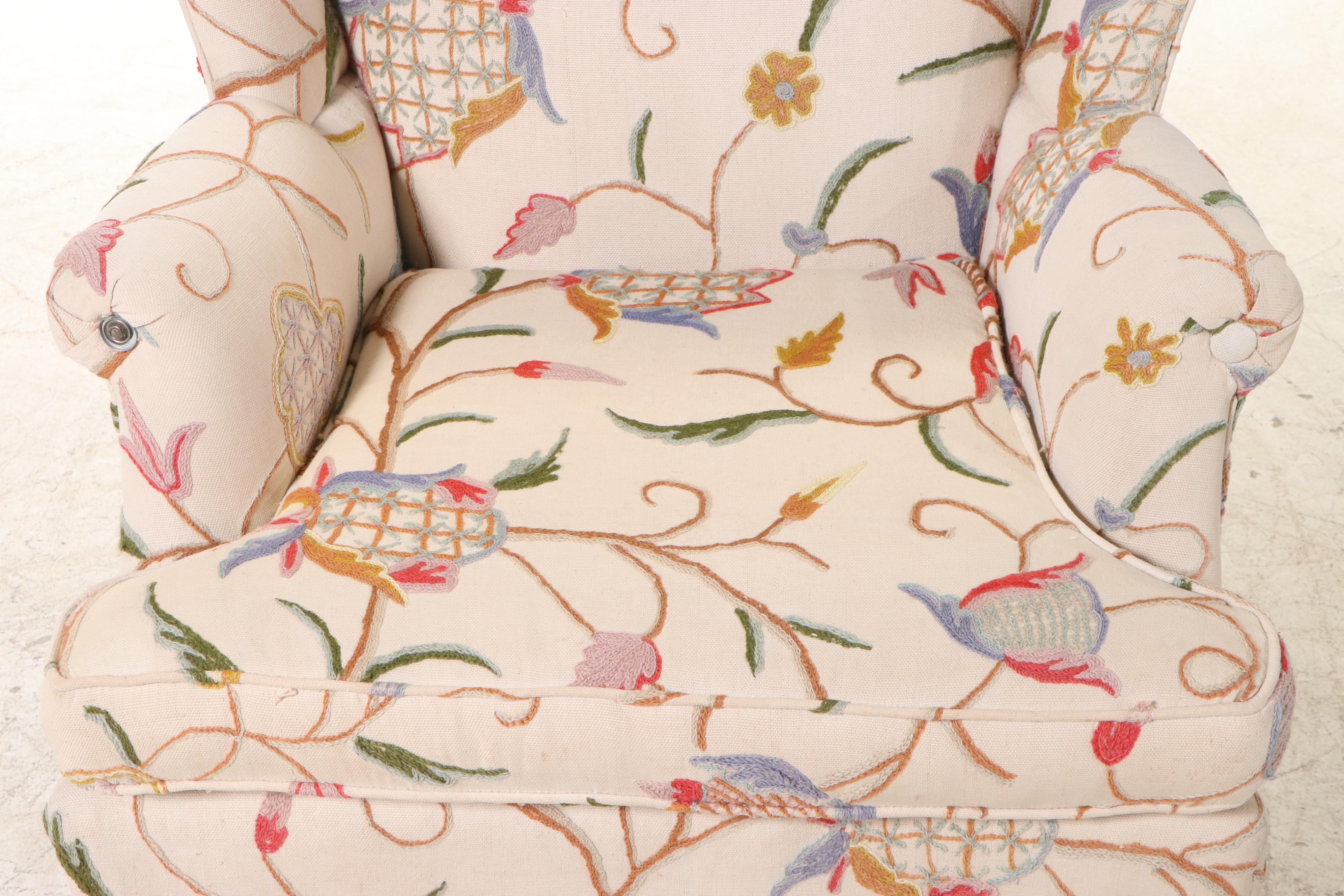 Berkeley Upholstering Co. Chippendale Style Mahogany and Crewelwork Wing Chair