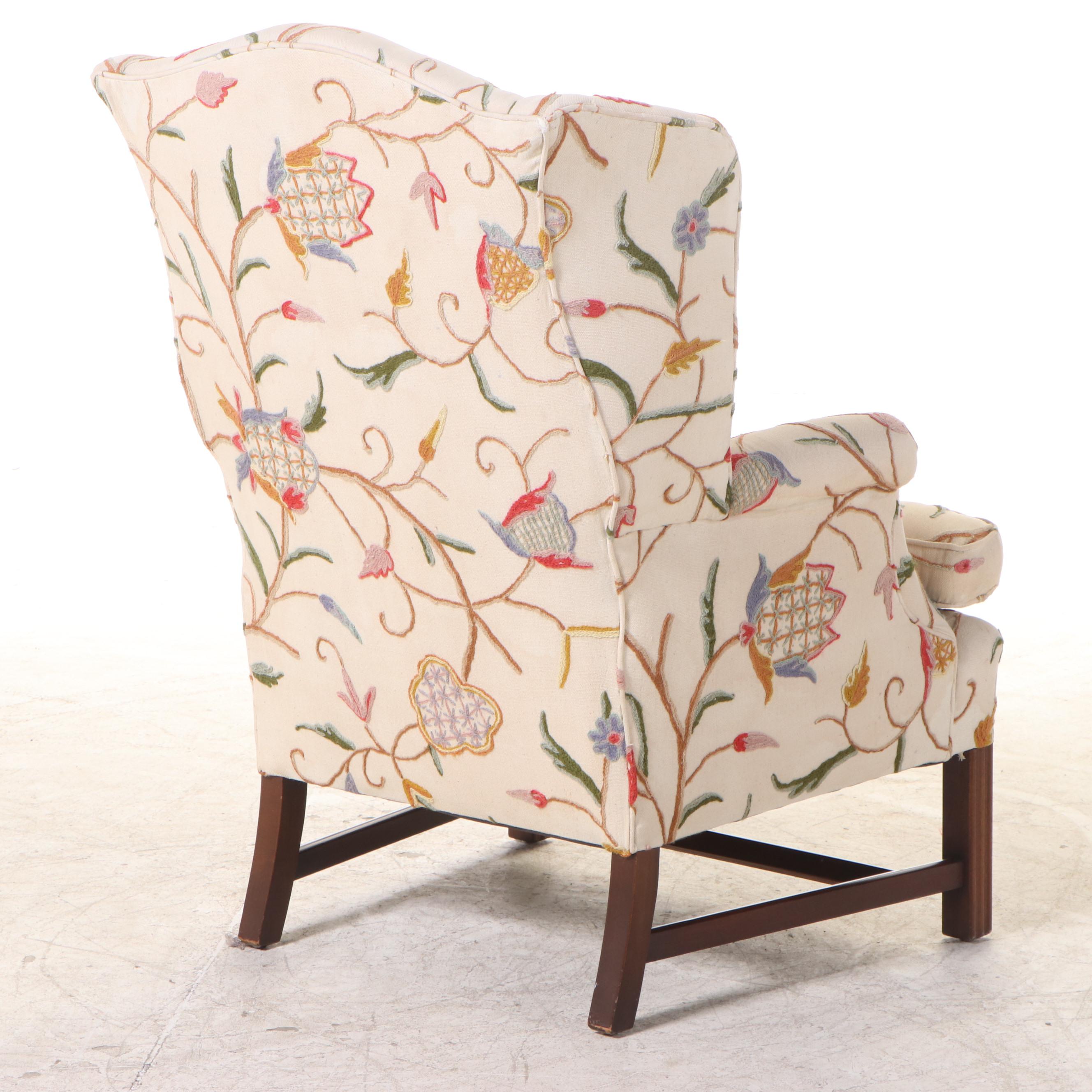 Berkeley Upholstering Co. Chippendale Style Mahogany and Crewelwork Wing Chair
