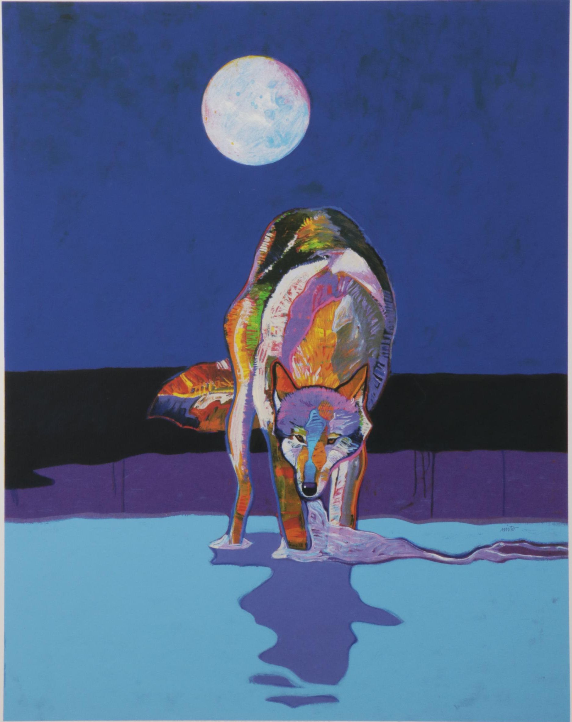 John Nieto Serigraph "Wolf Drinking Water by Moonlight," 1996