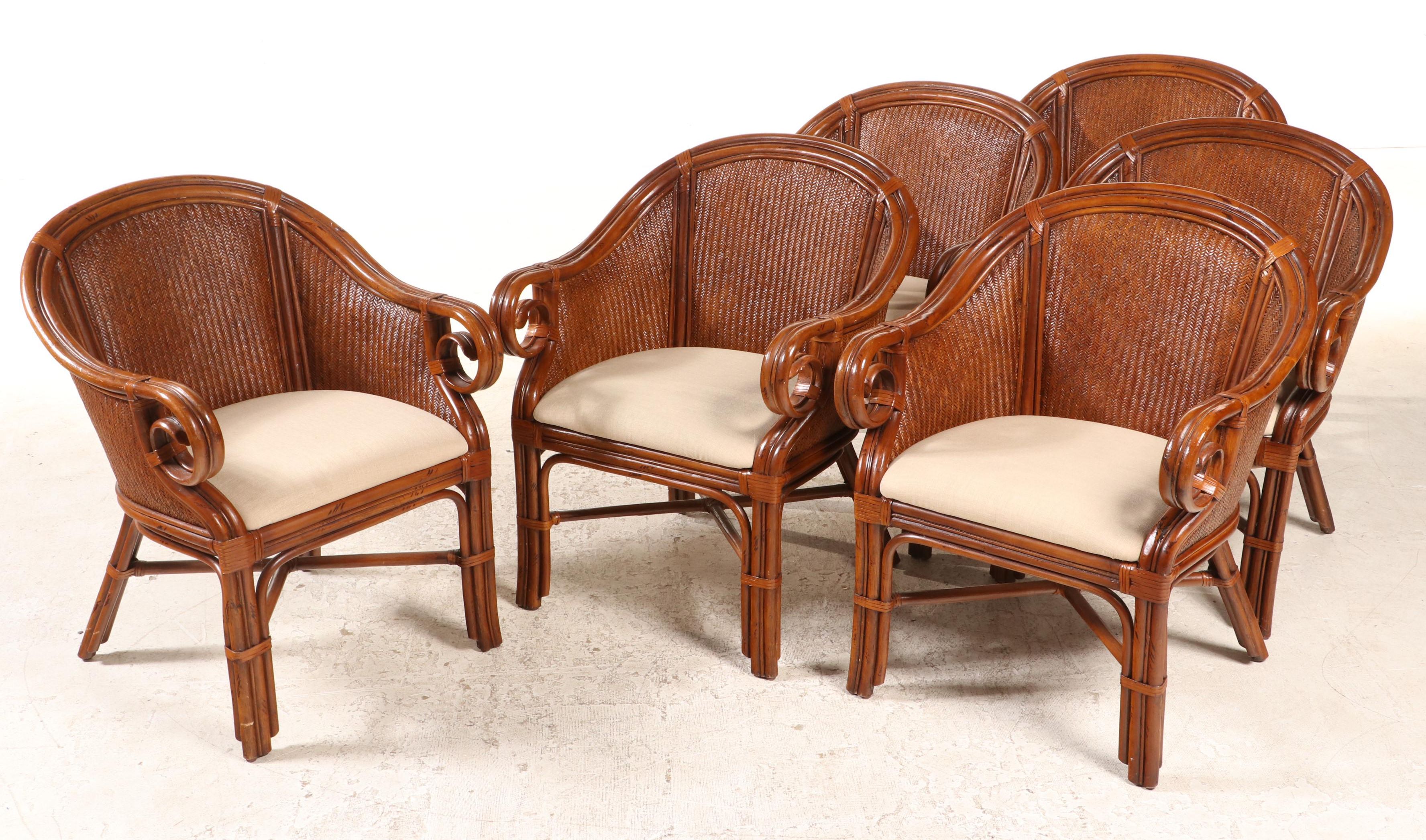 Pineapple-Pedestal Dining Table with Six Rattan Armchairs