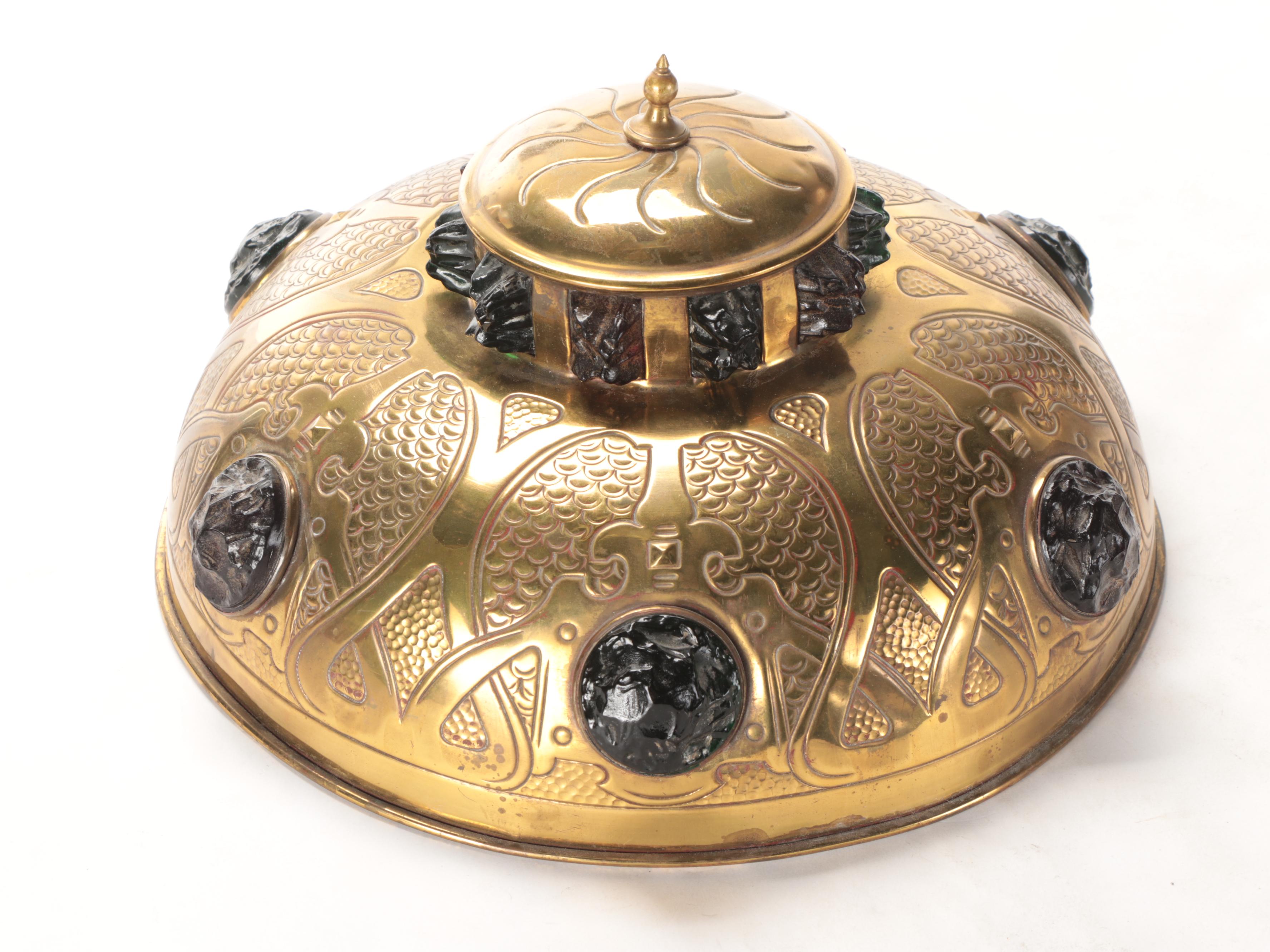 Austrian Art Nouveau Brass and Chunk Jewel Glass Table Lamp, Early 20th Century