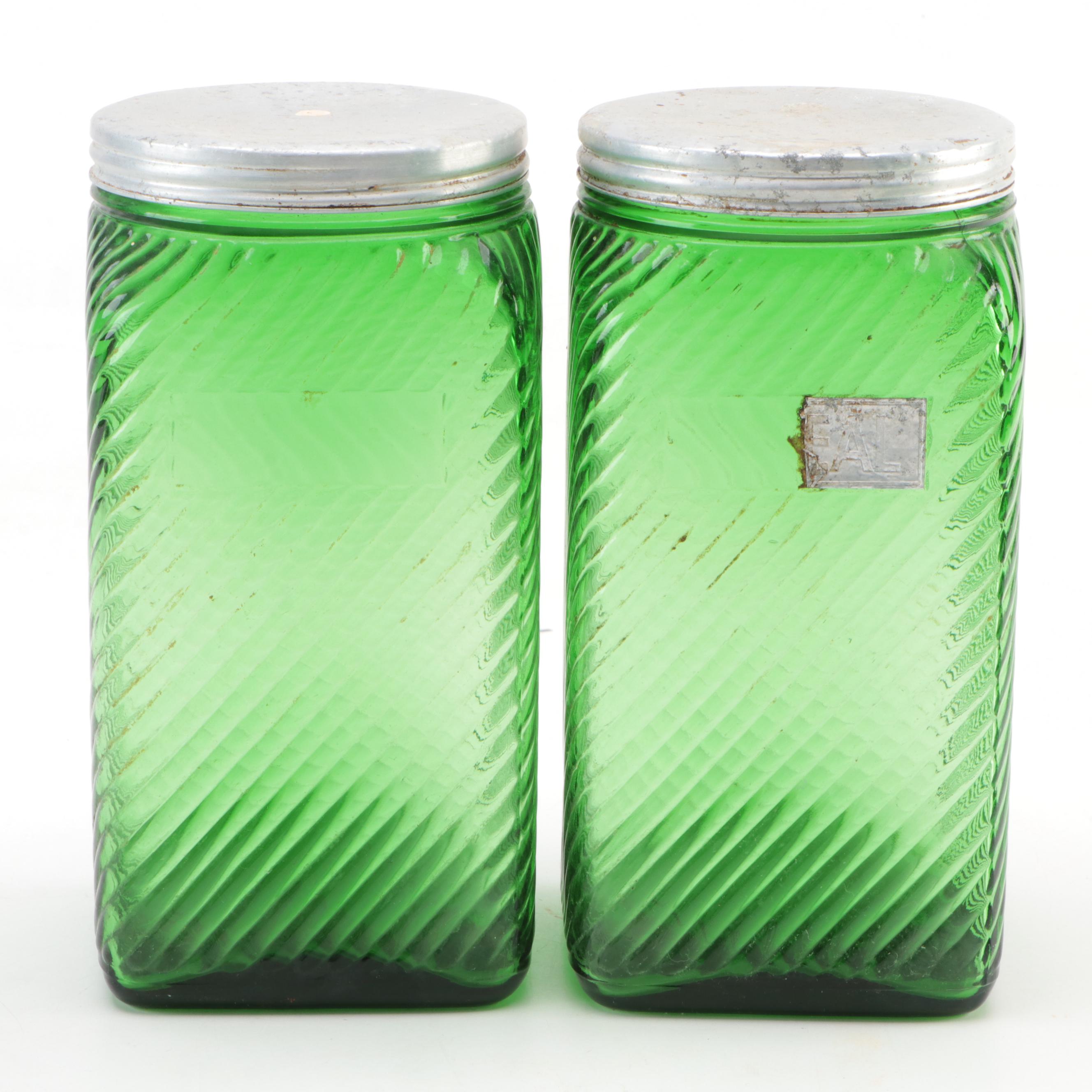 Owens-Illinois Glass Co. and Other Green Glass Canisters and Shakers, Mid-20th C