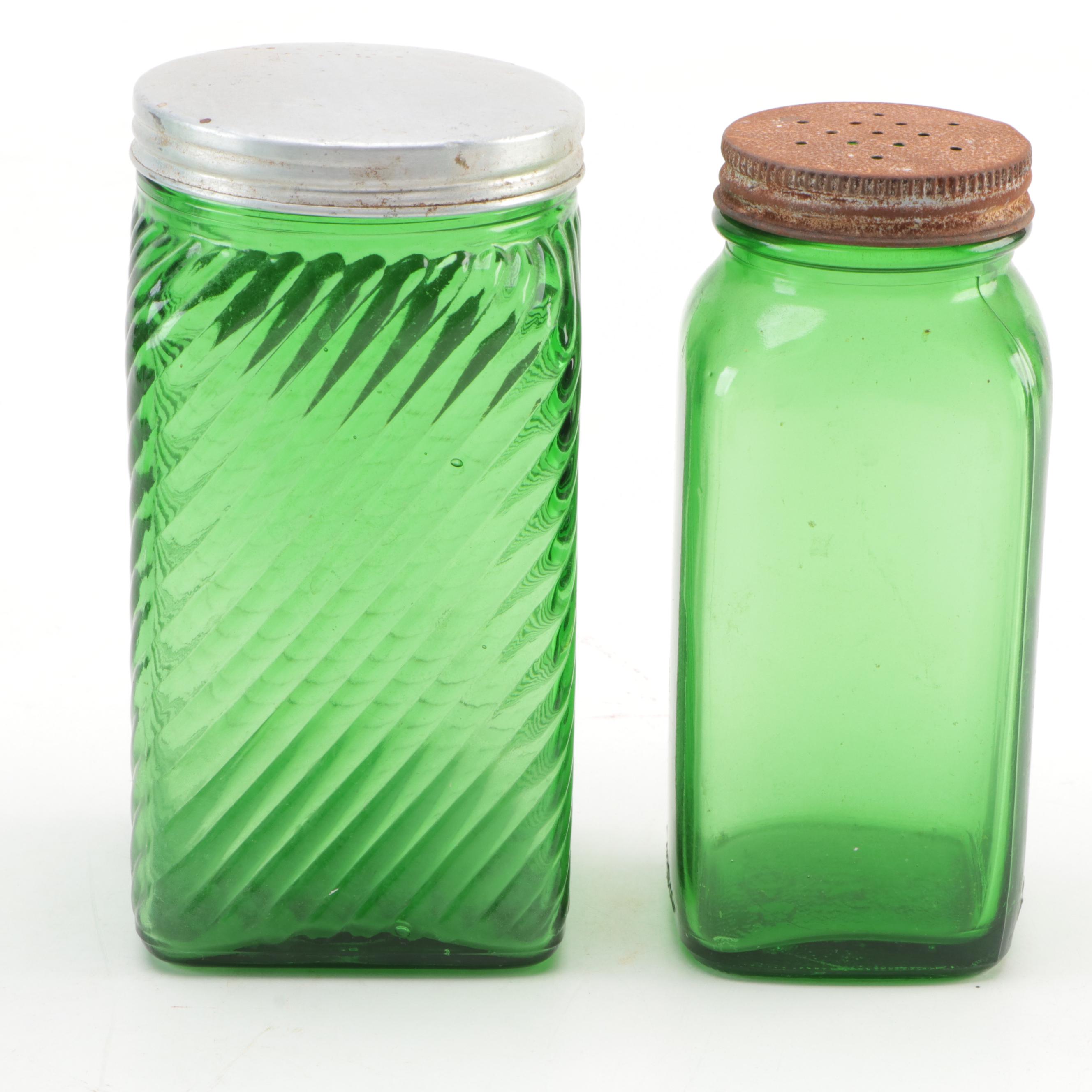 Owens-Illinois Glass Co. and Other Green Glass Canisters and Shakers, Mid-20th C