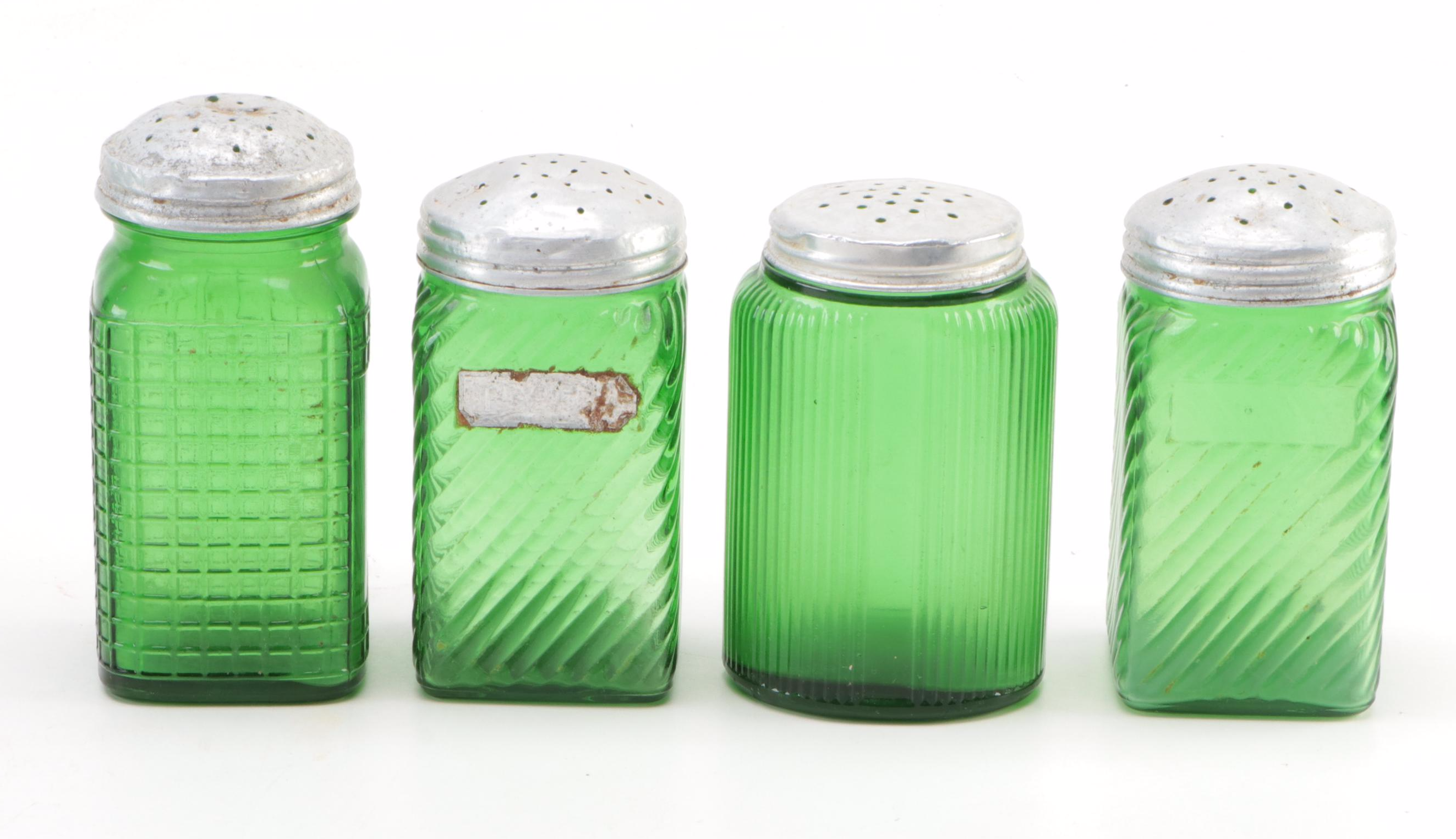 Owens-Illinois Glass Co. and Other Green Glass Canisters and Shakers, Mid-20th C