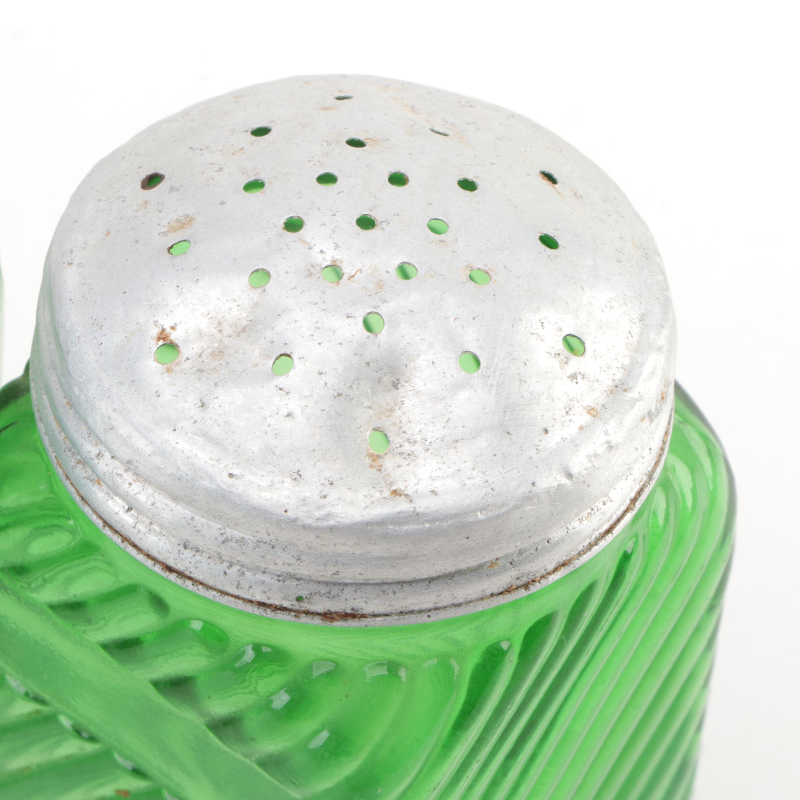 Owens-Illinois Glass Co. and Other Green Glass Canisters and Shakers, Mid-20th C