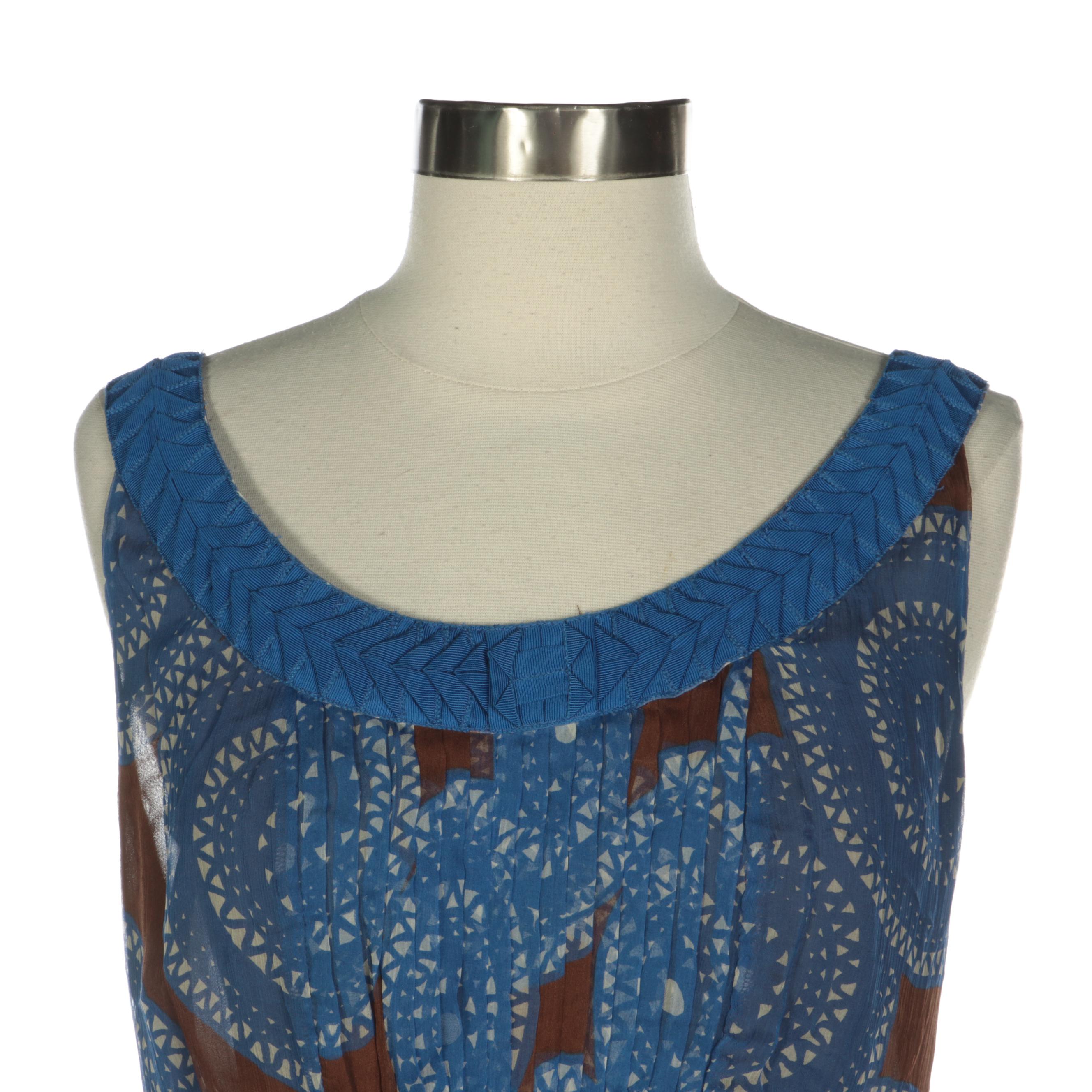 Tory Burch Sleeveless Dress in Printed Silk Chiffon with Ribbon Trim