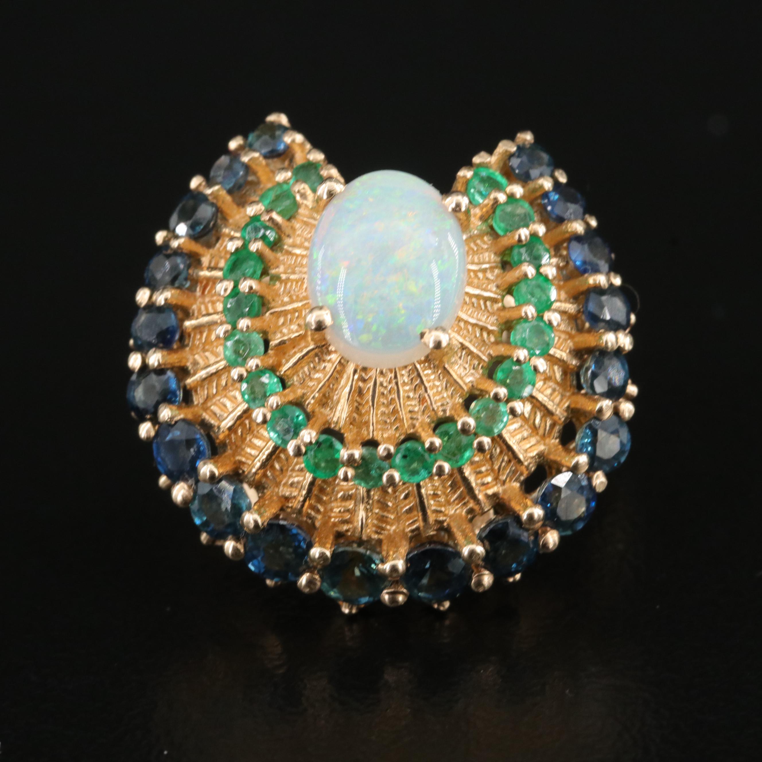 14K Franklin Mint "Peacock" Ring Including Opal, Sapphire and Emerald with Box