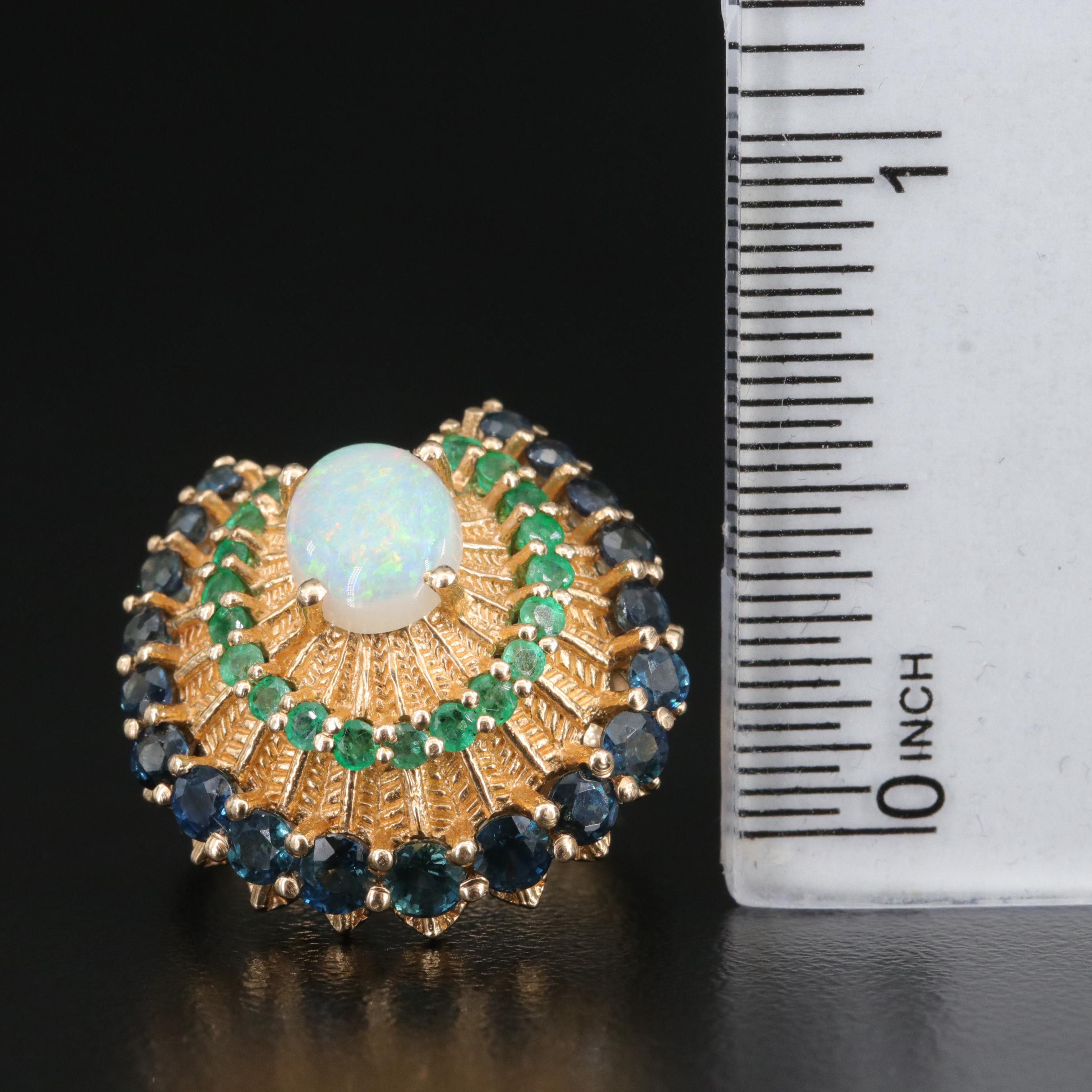 14K Franklin Mint "Peacock" Ring Including Opal, Sapphire and Emerald with Box