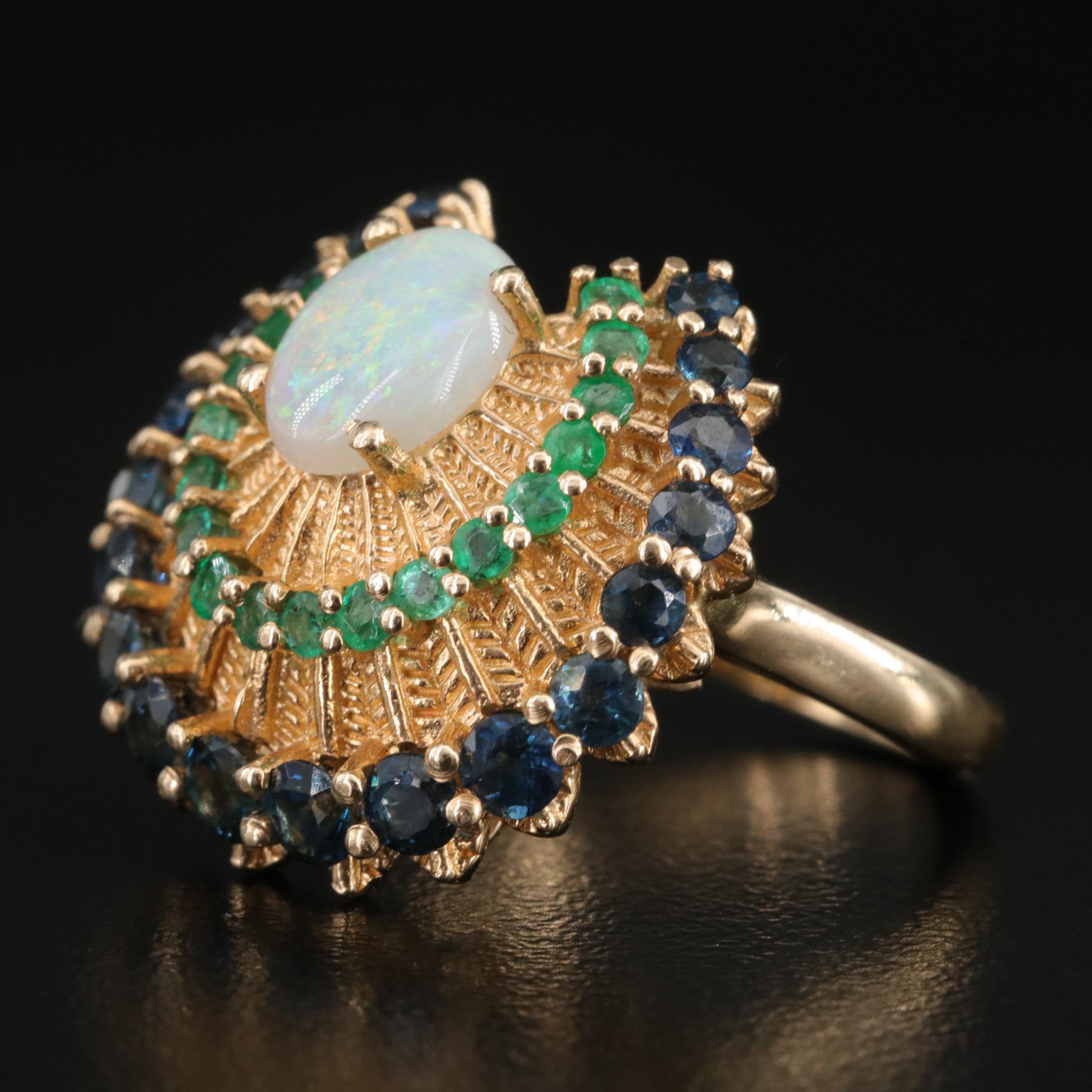 14K Franklin Mint "Peacock" Ring Including Opal, Sapphire and Emerald with Box