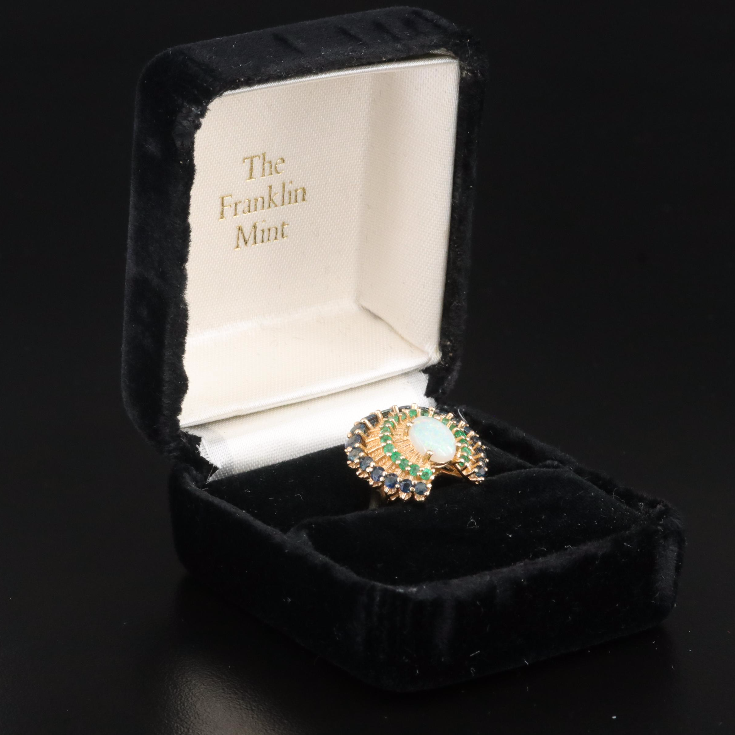 14K Franklin Mint "Peacock" Ring Including Opal, Sapphire and Emerald with Box