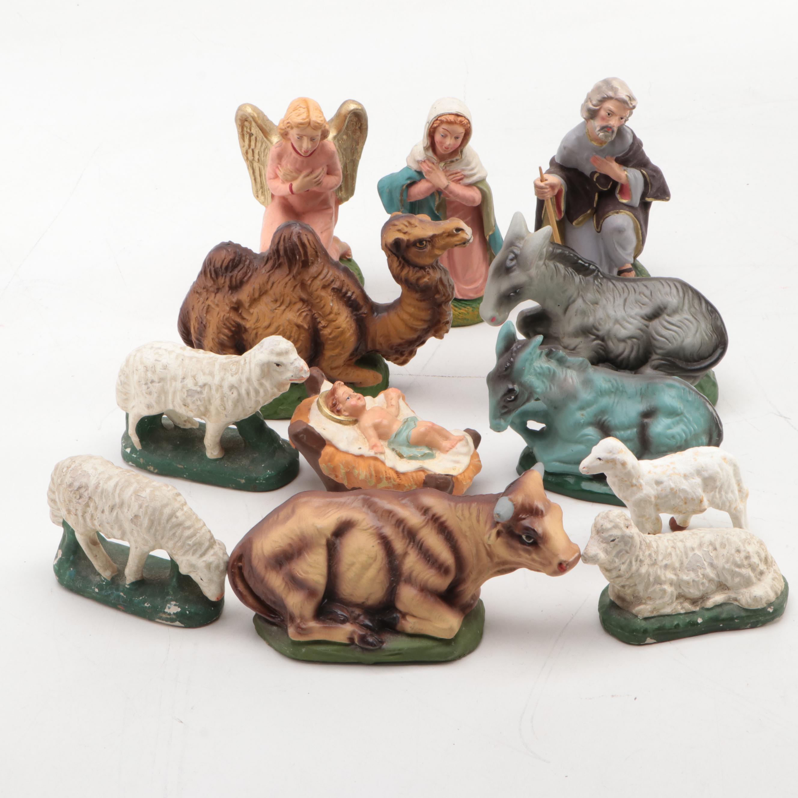 Italian Hand-Painted Chalkware Nativity, Mid-20th Century