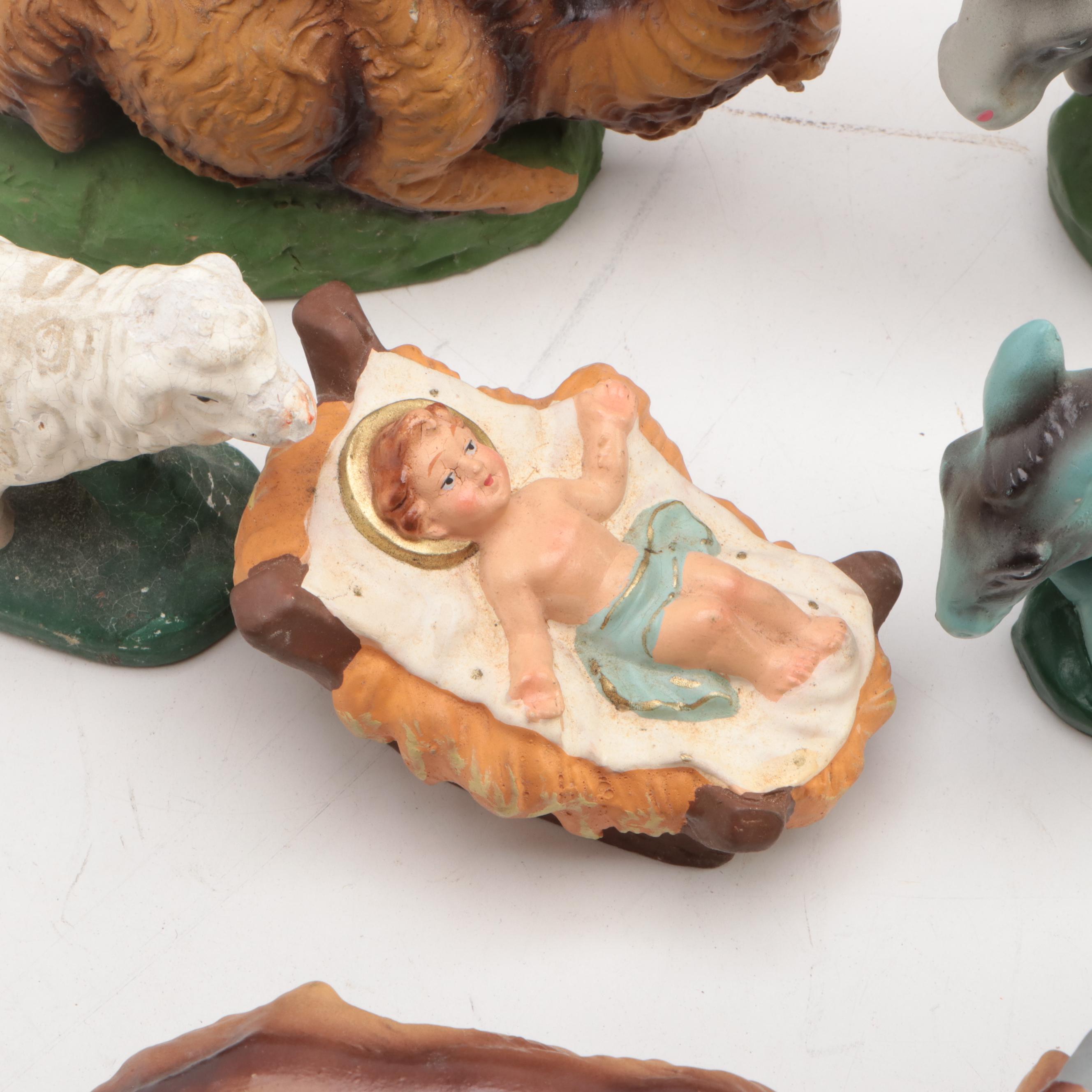 Italian Hand-Painted Chalkware Nativity, Mid-20th Century
