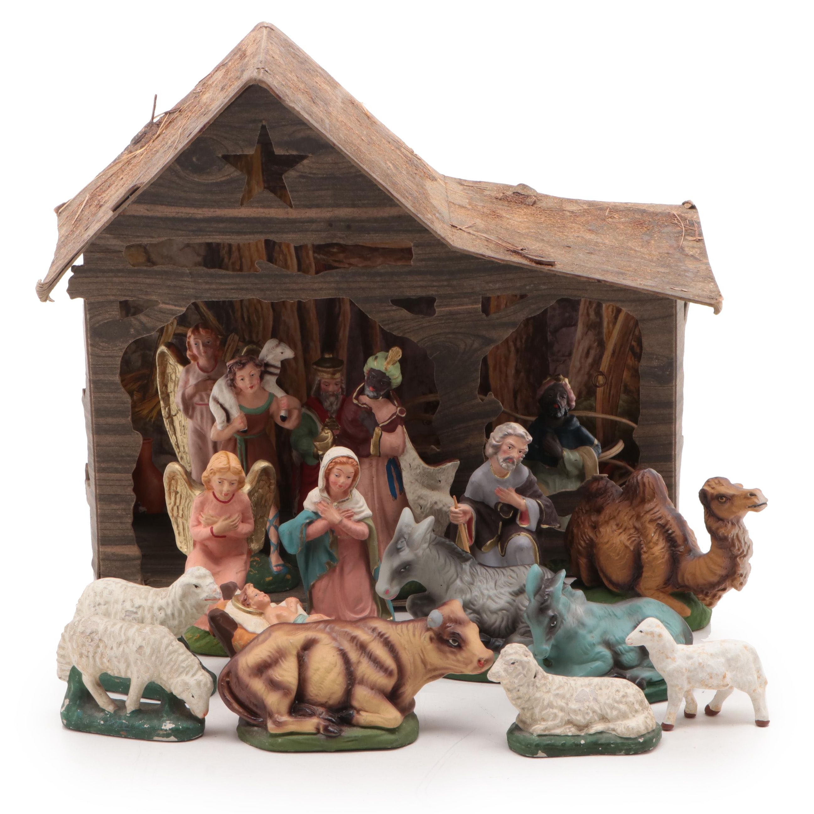 Italian Hand-Painted Chalkware Nativity, Mid-20th Century