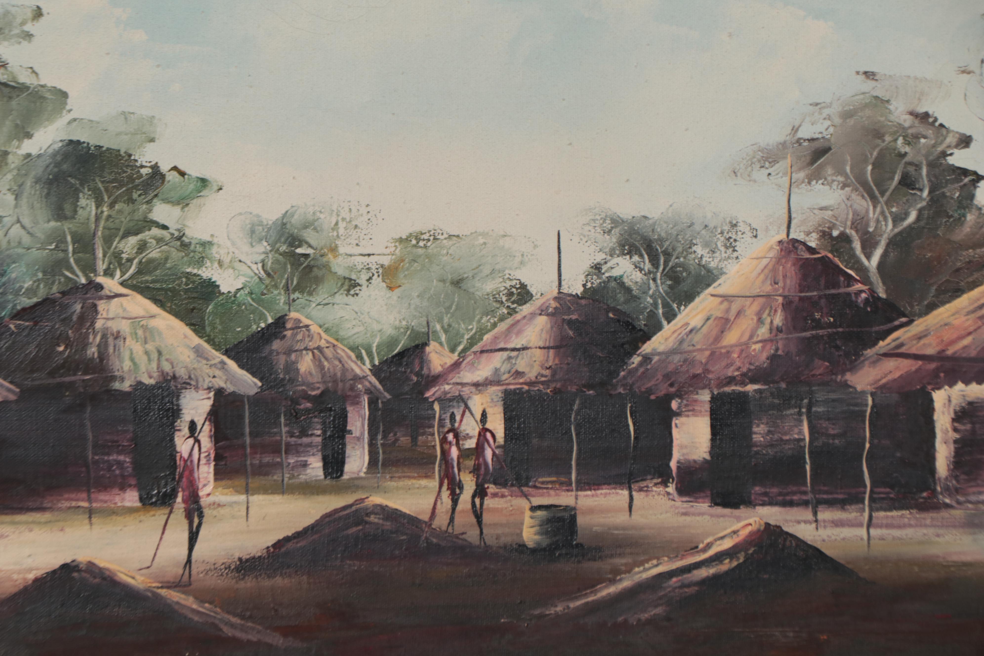 C. Kigotho African Village Scene Oil Painting