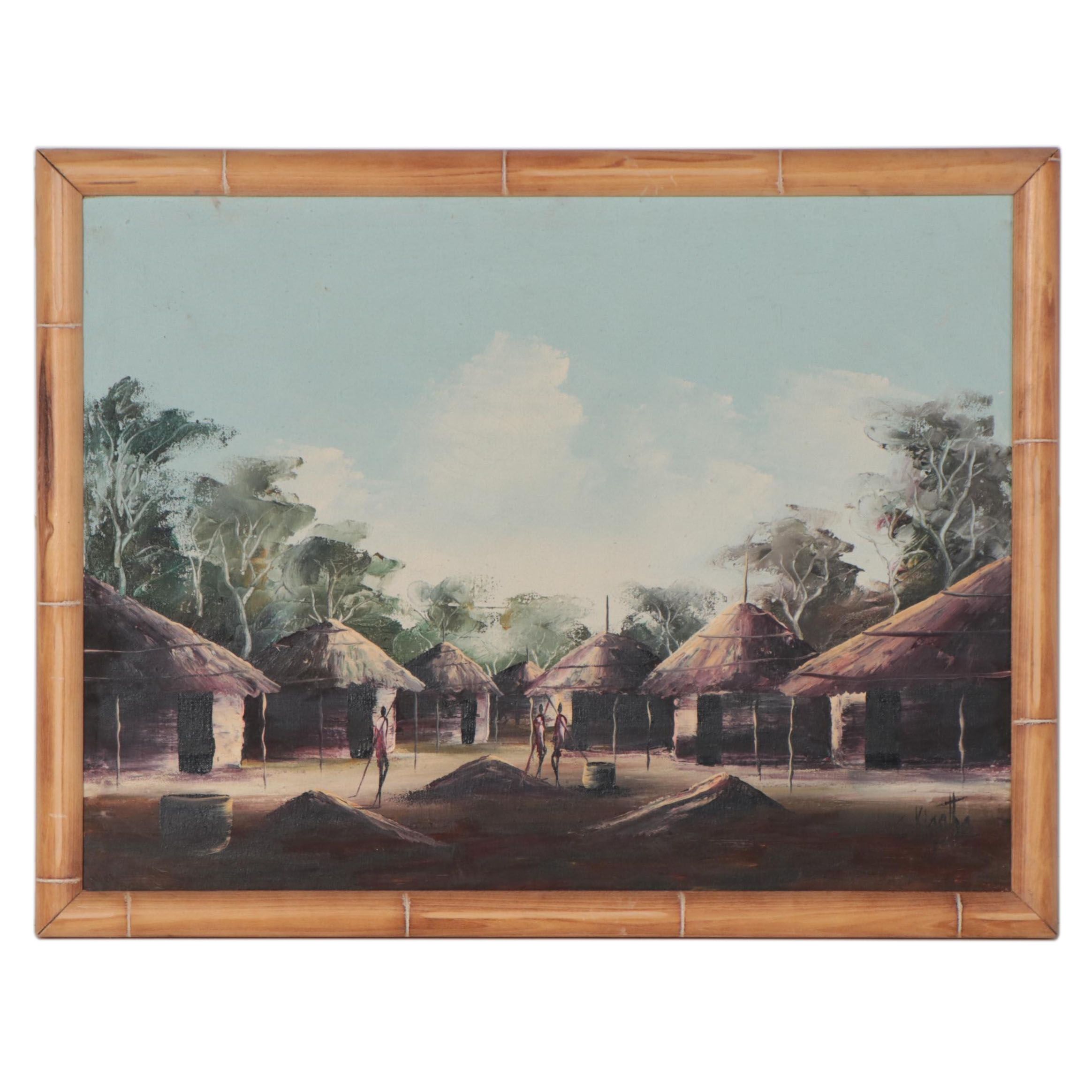 C. Kigotho African Village Scene Oil Painting