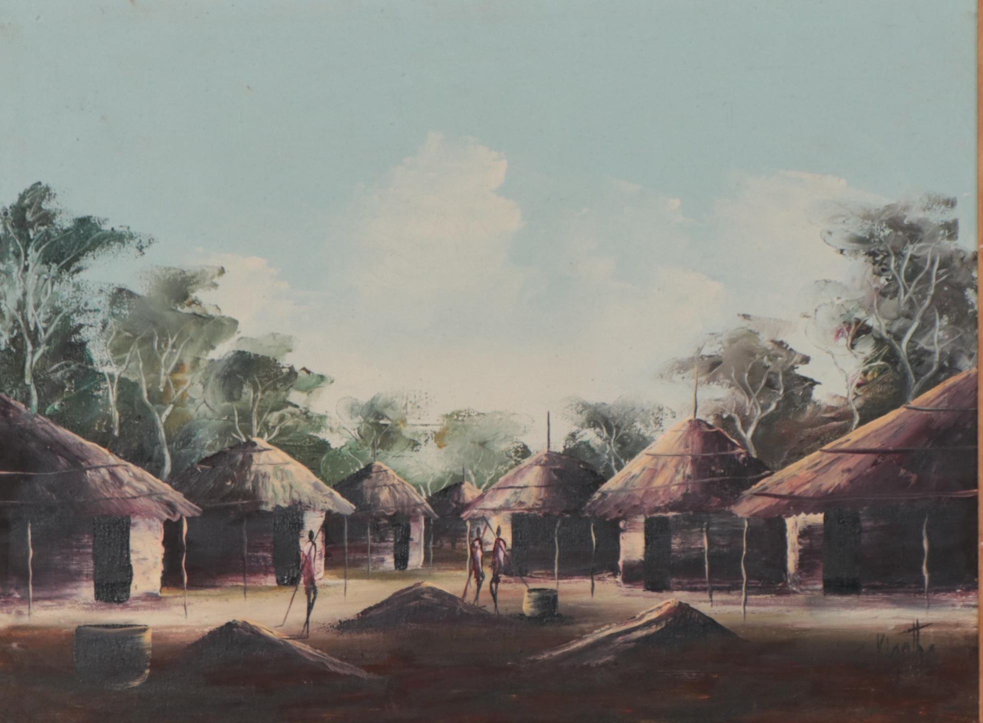 C. Kigotho African Village Scene Oil Painting
