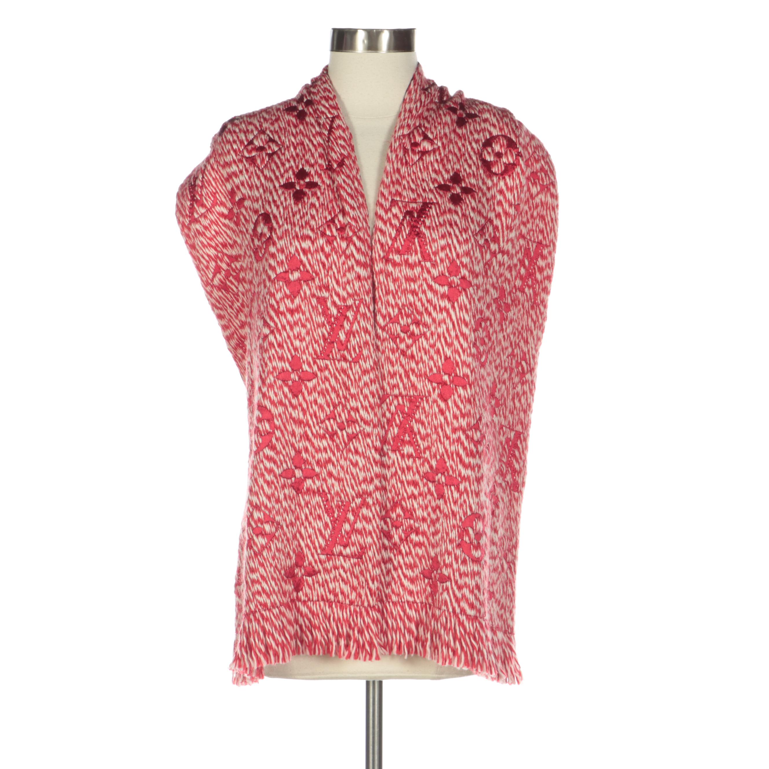 Louis Vuitton Logomania Scarf in Red and White Wool and Silk Blend