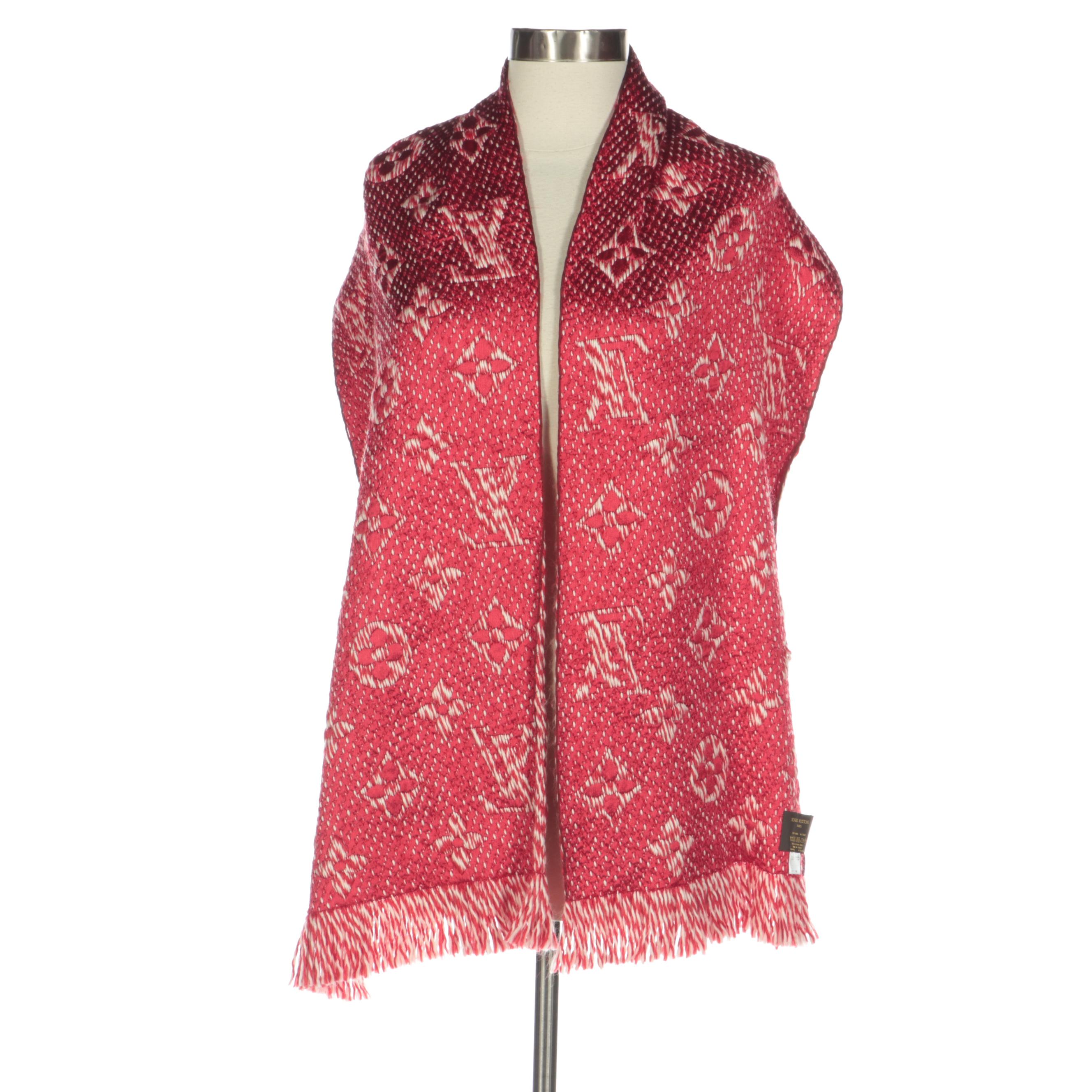 Louis Vuitton Logomania Scarf in Red and White Wool and Silk Blend