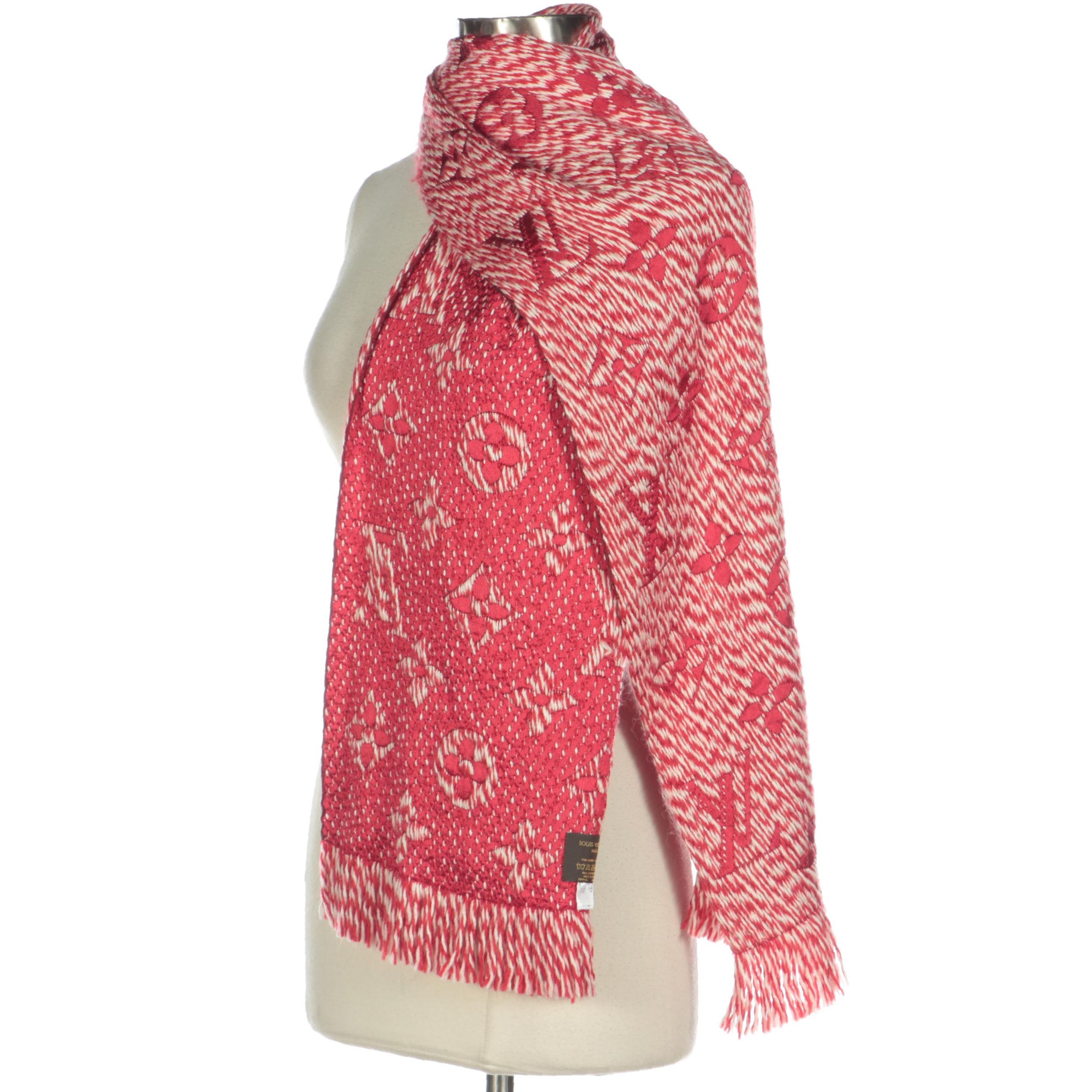 Louis Vuitton Logomania Scarf in Red and White Wool and Silk Blend