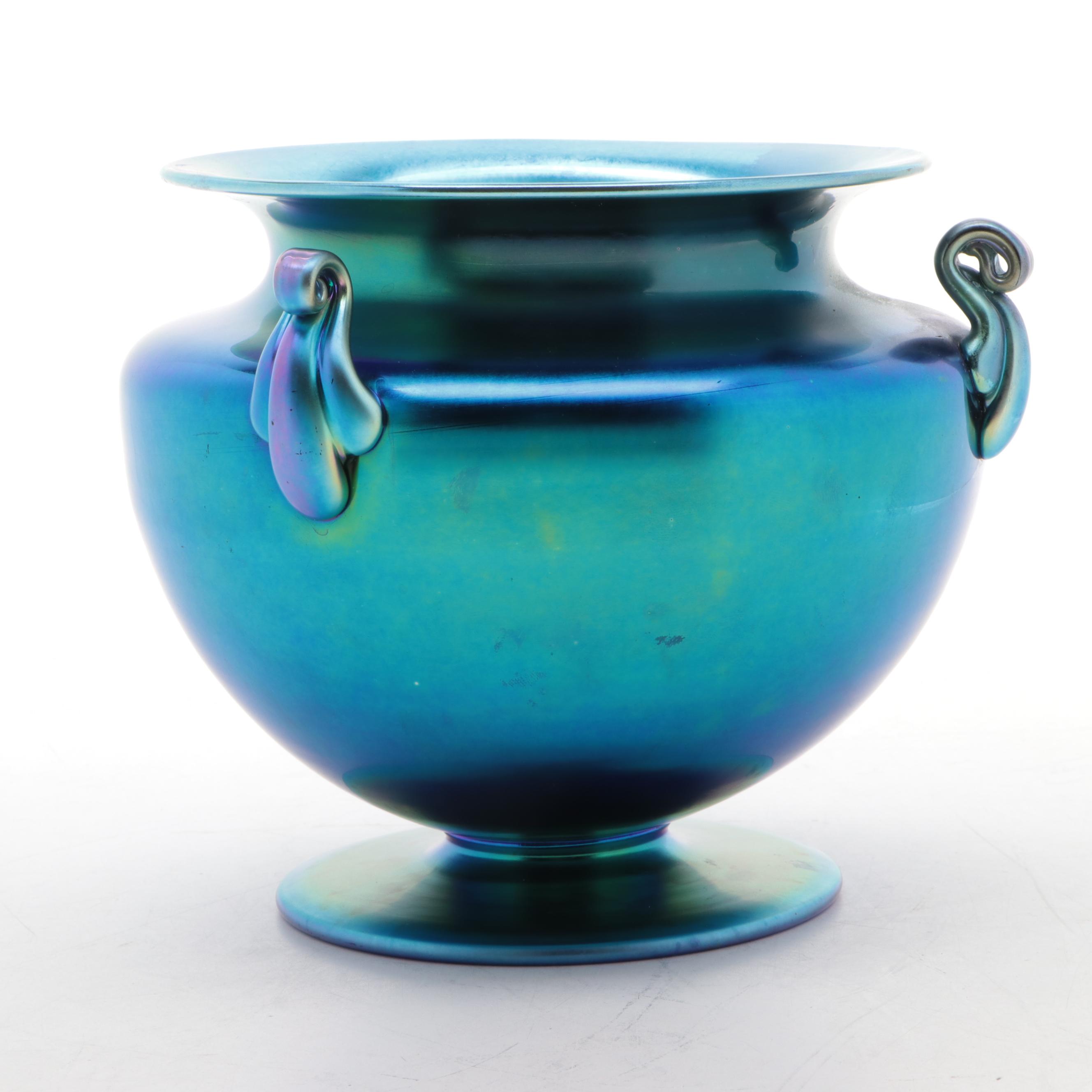 Steuben Blue Aurene Art Glass Footed and Handled Urn Form Vase, Early 20th C.