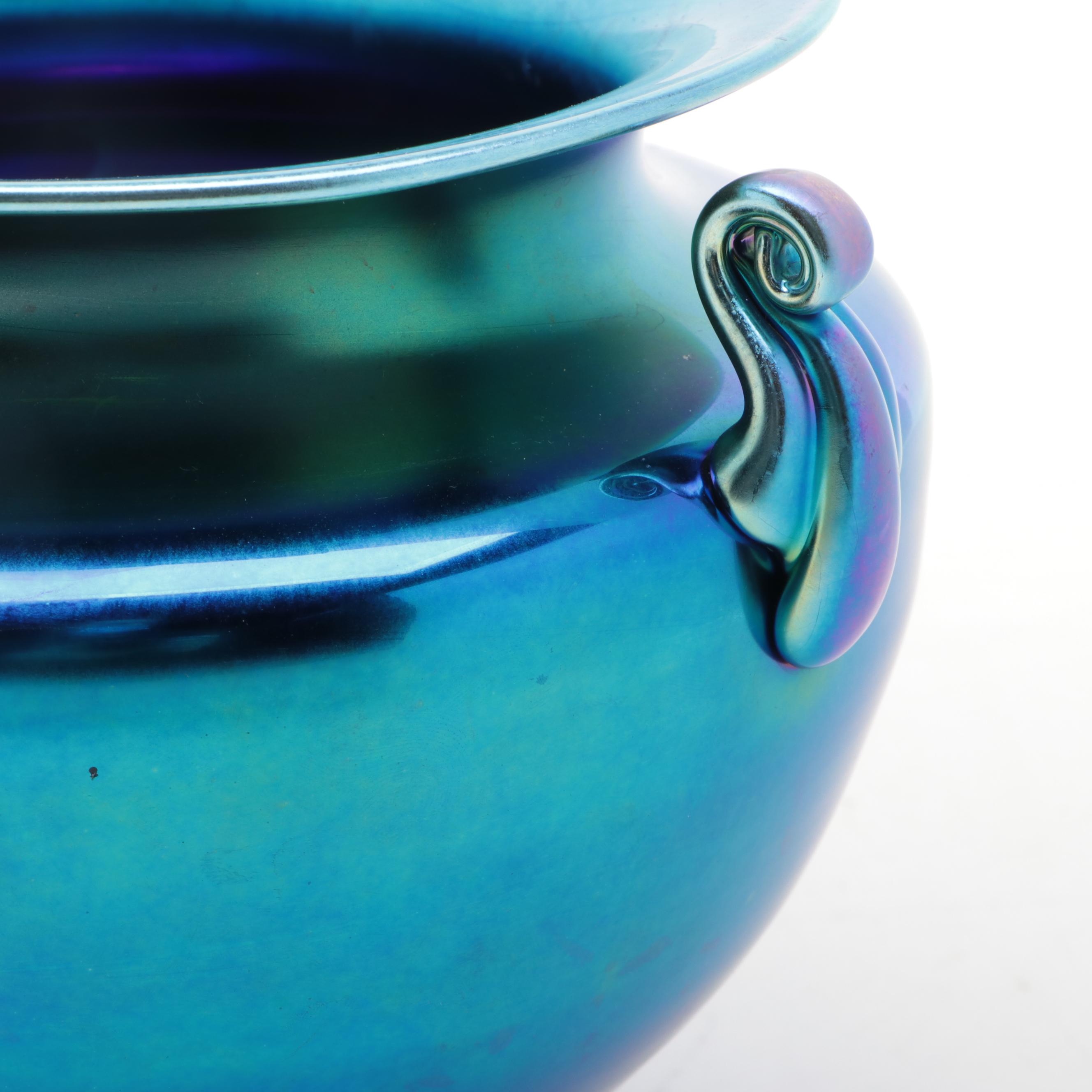 Steuben Blue Aurene Art Glass Footed and Handled Urn Form Vase, Early 20th C.