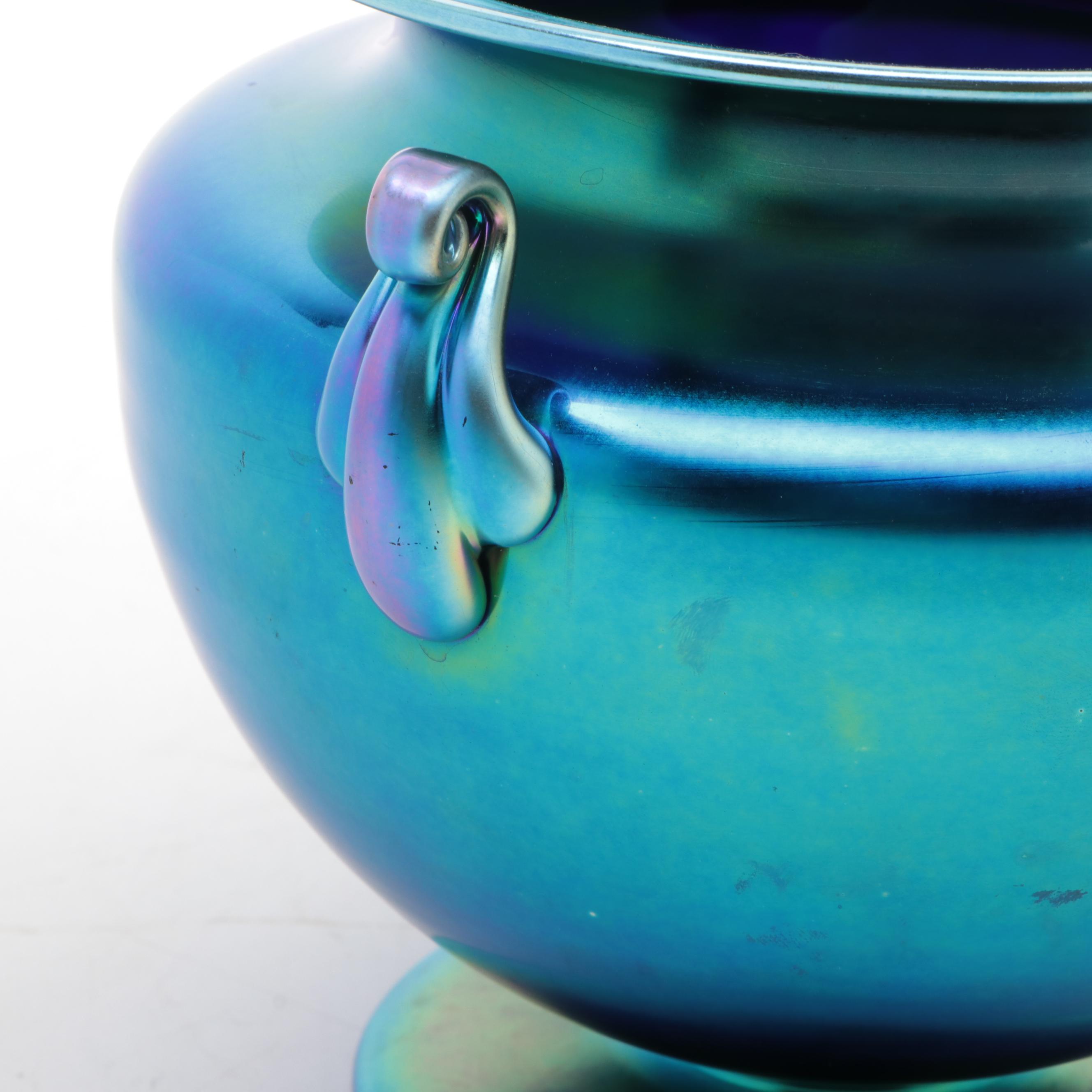 Steuben Blue Aurene Art Glass Footed and Handled Urn Form Vase, Early 20th C.