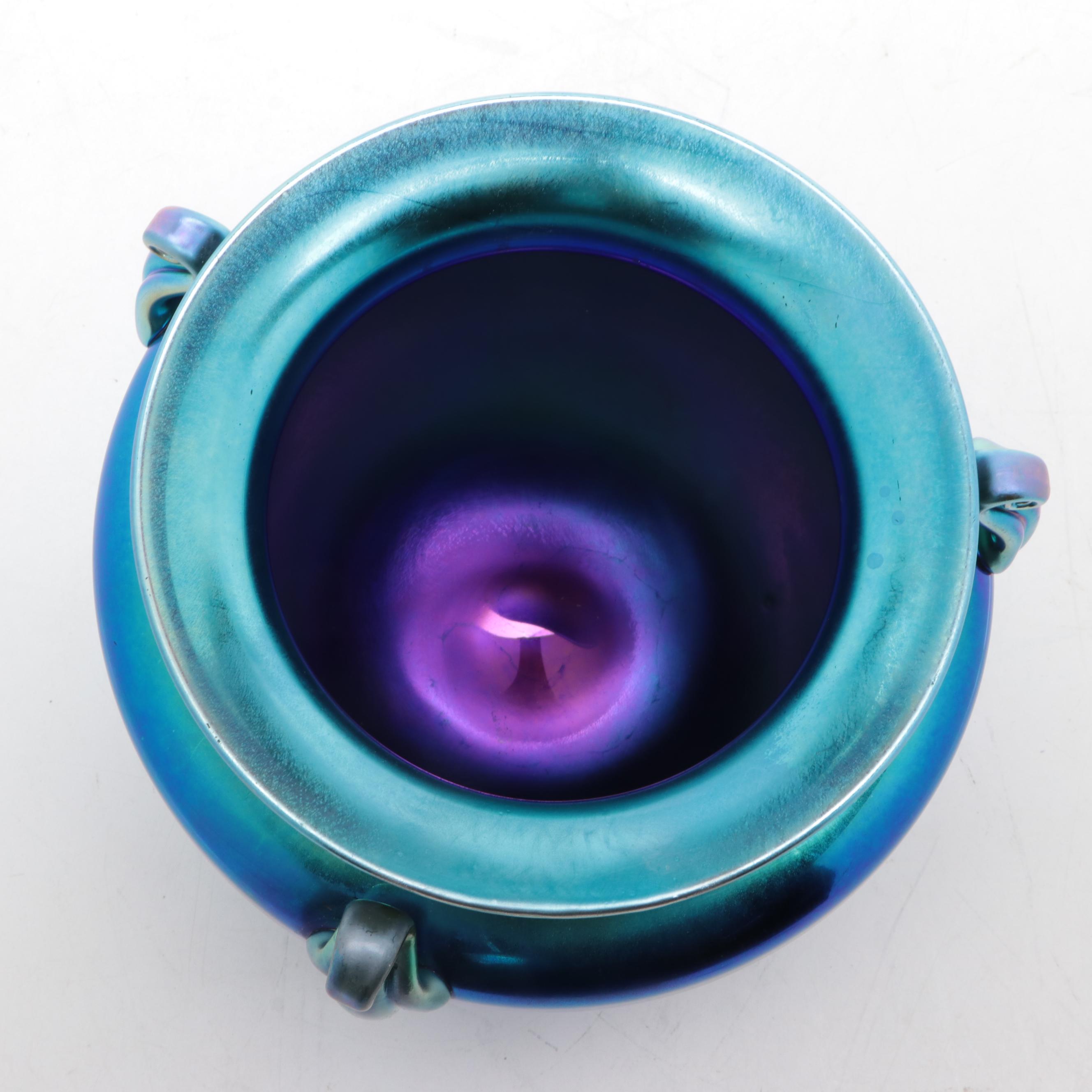 Steuben Blue Aurene Art Glass Footed and Handled Urn Form Vase, Early 20th C.