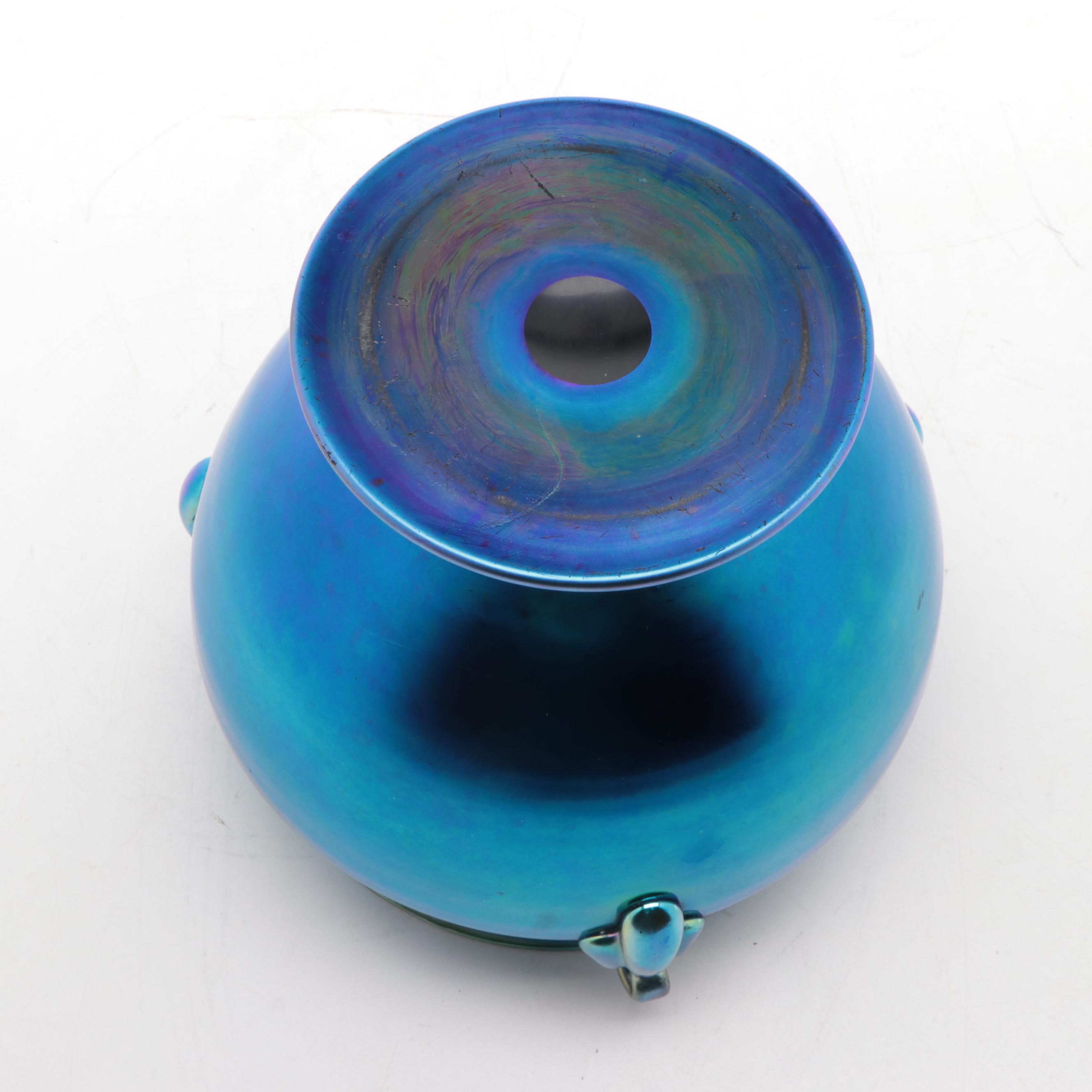 Steuben Blue Aurene Art Glass Footed and Handled Urn Form Vase, Early 20th C.