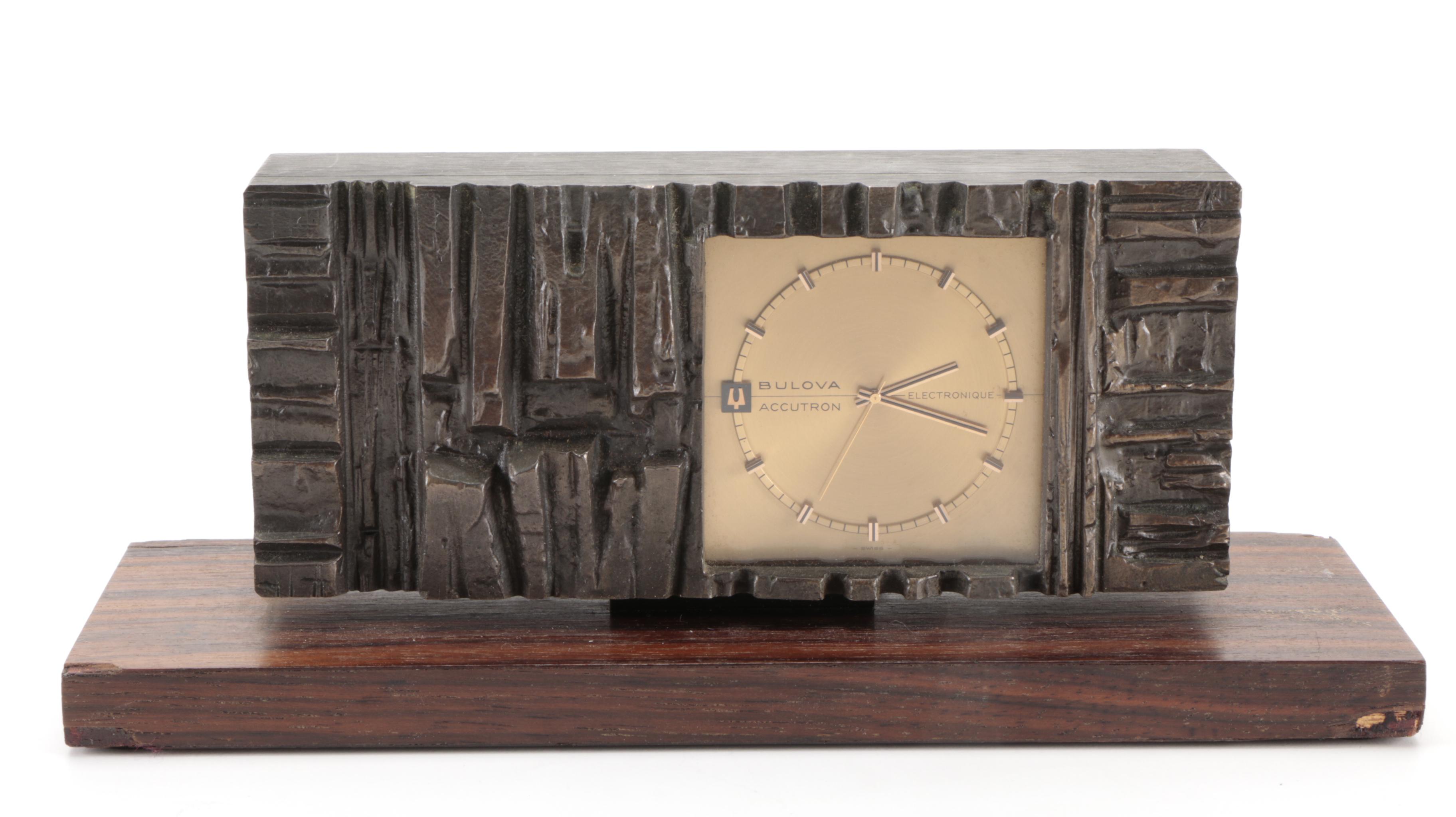 Bulova Accutron Electronique Brutalist Style Desk Clock on Rosewood Base