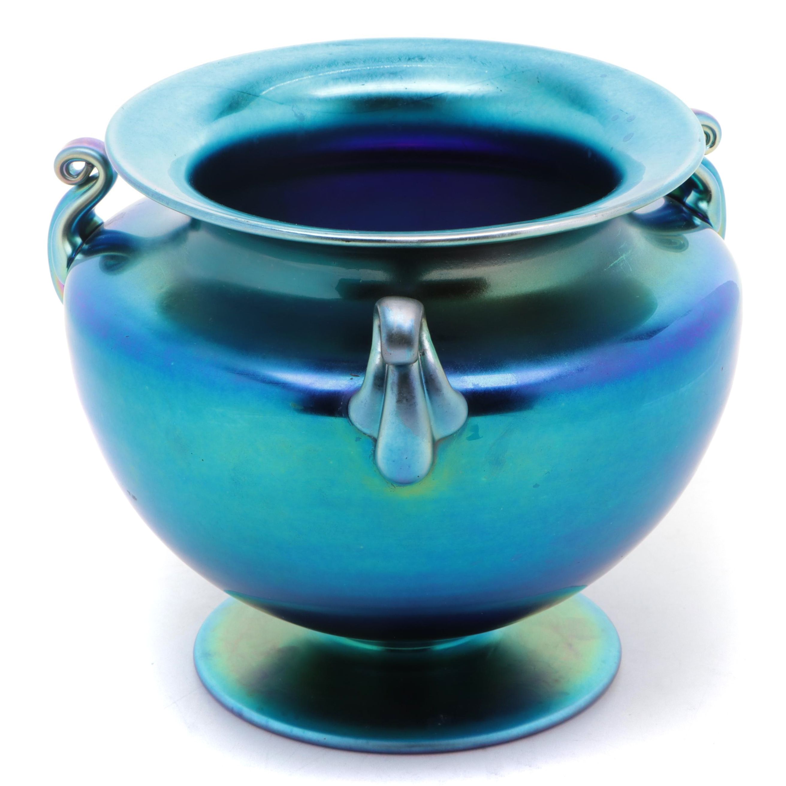 Steuben Blue Aurene Art Glass Footed and Handled Urn Form Vase, Early 20th C.