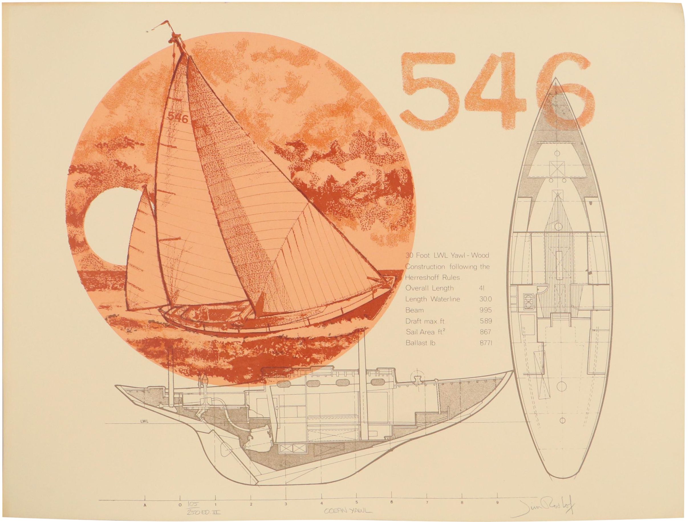 Jim Roslof Serigraph "Ocean Yawl" and "Bentley," Late 20th Century