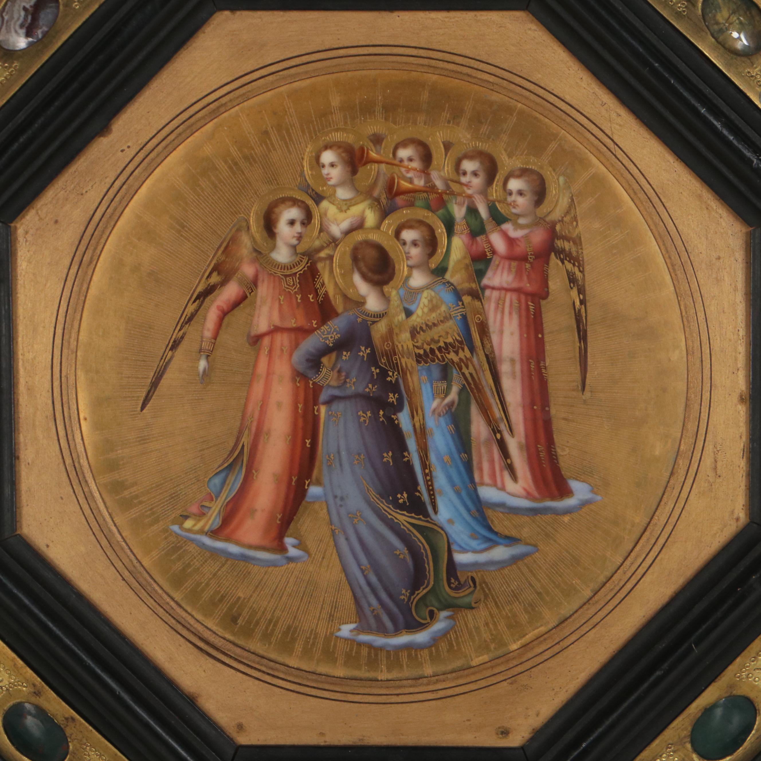 Gilt Hand-Painted Porcelain Plaque After Fra Angelico "Group of Angels"
