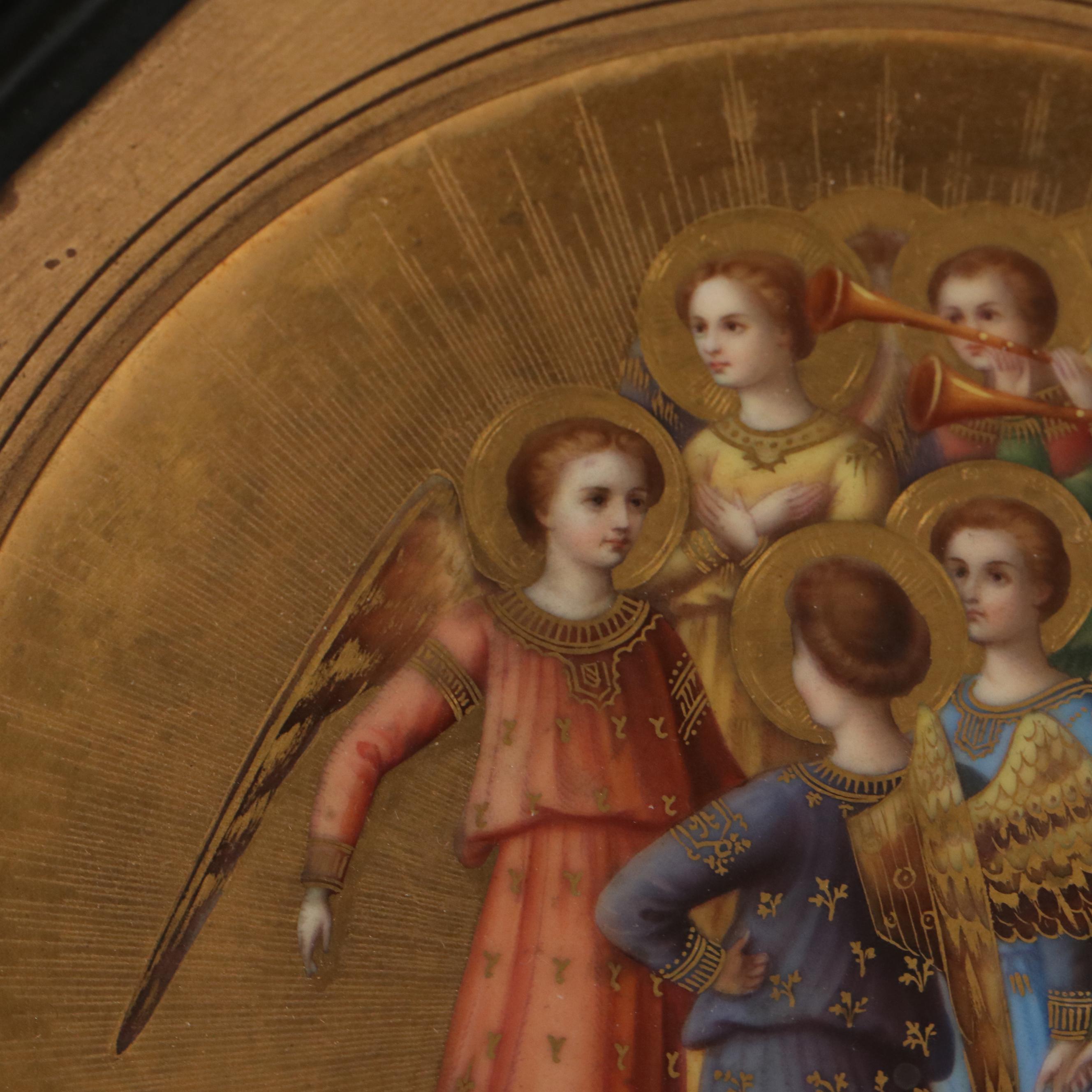 Gilt Hand-Painted Porcelain Plaque After Fra Angelico "Group of Angels"
