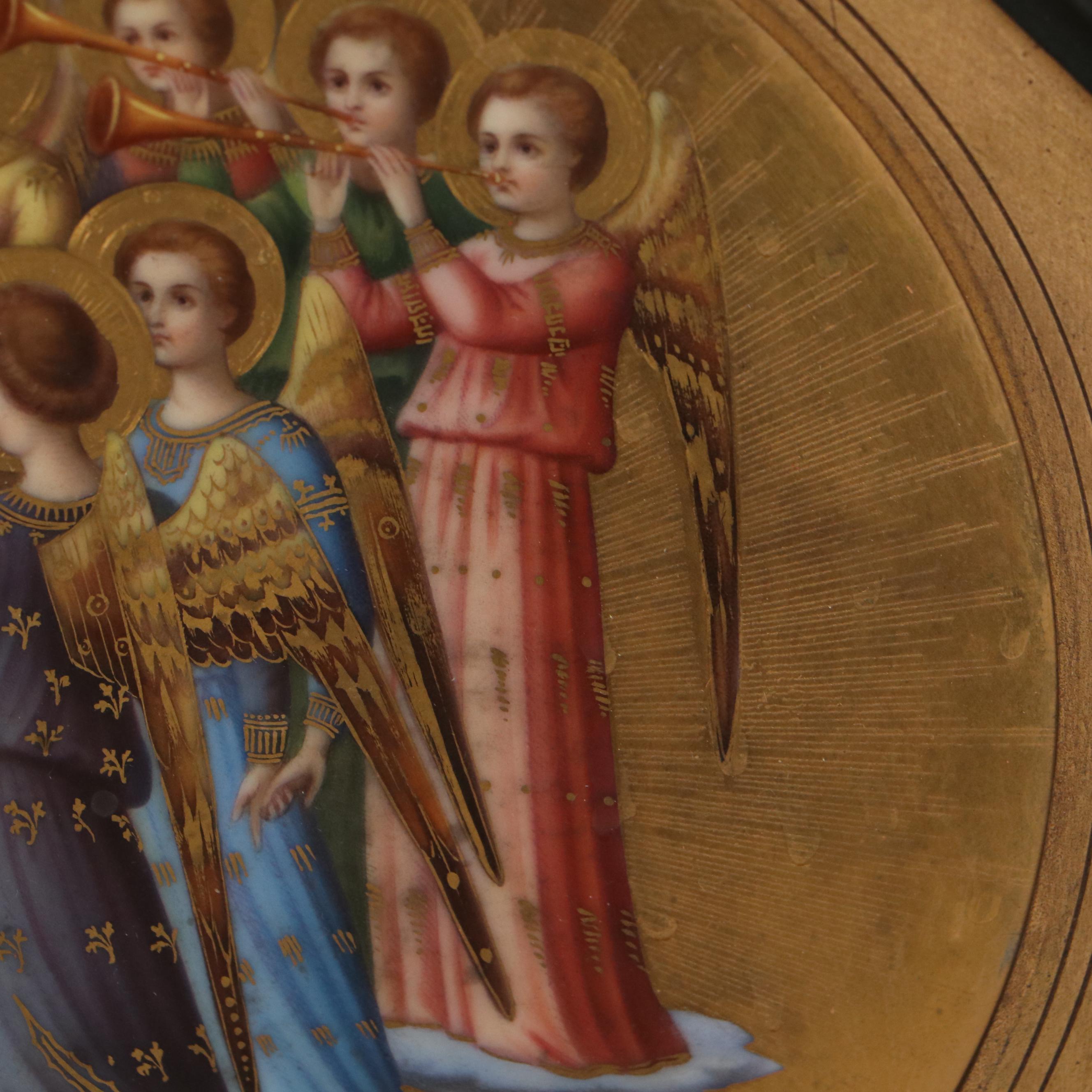 Gilt Hand-Painted Porcelain Plaque After Fra Angelico "Group of Angels"