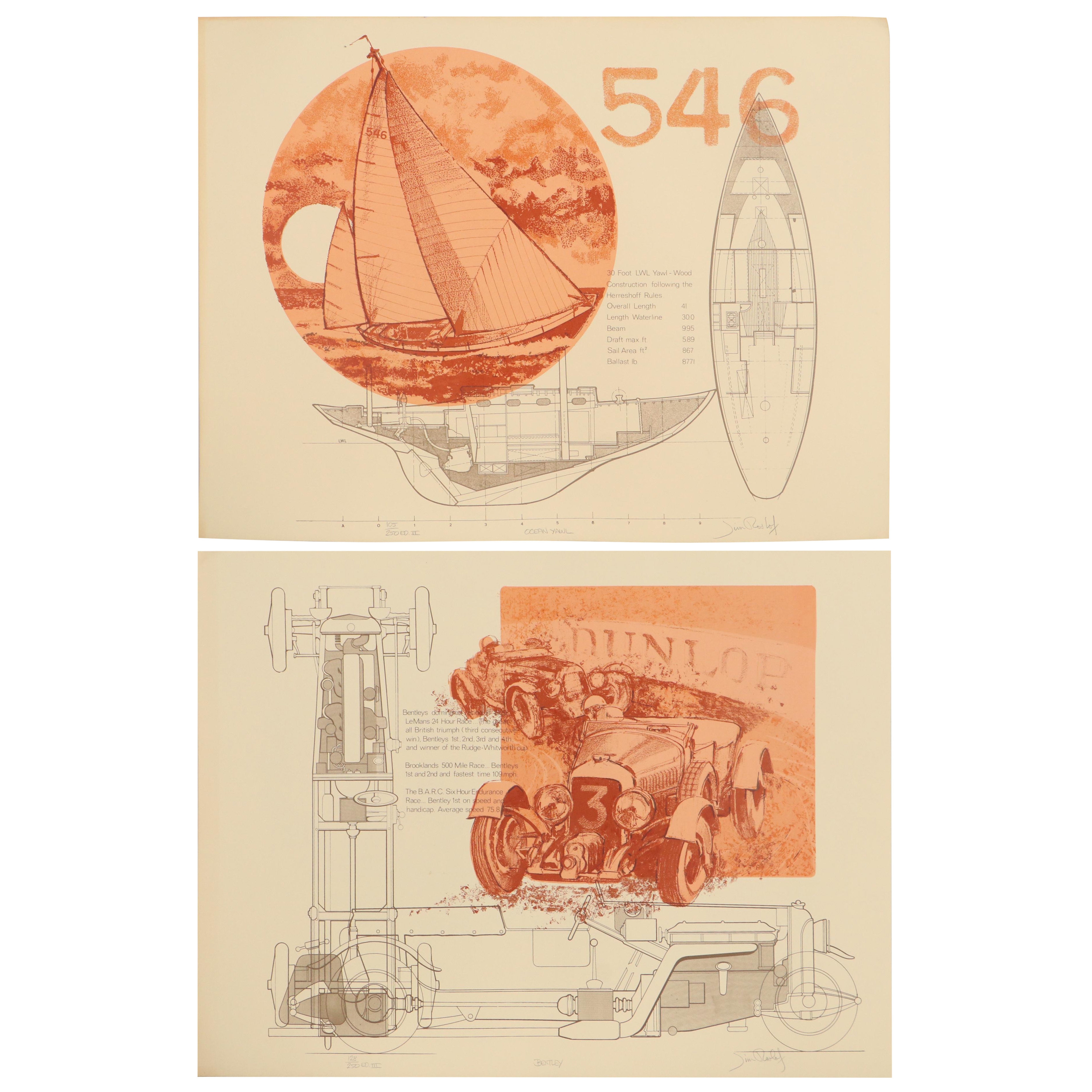 Jim Roslof Serigraph "Ocean Yawl" and "Bentley," Late 20th Century