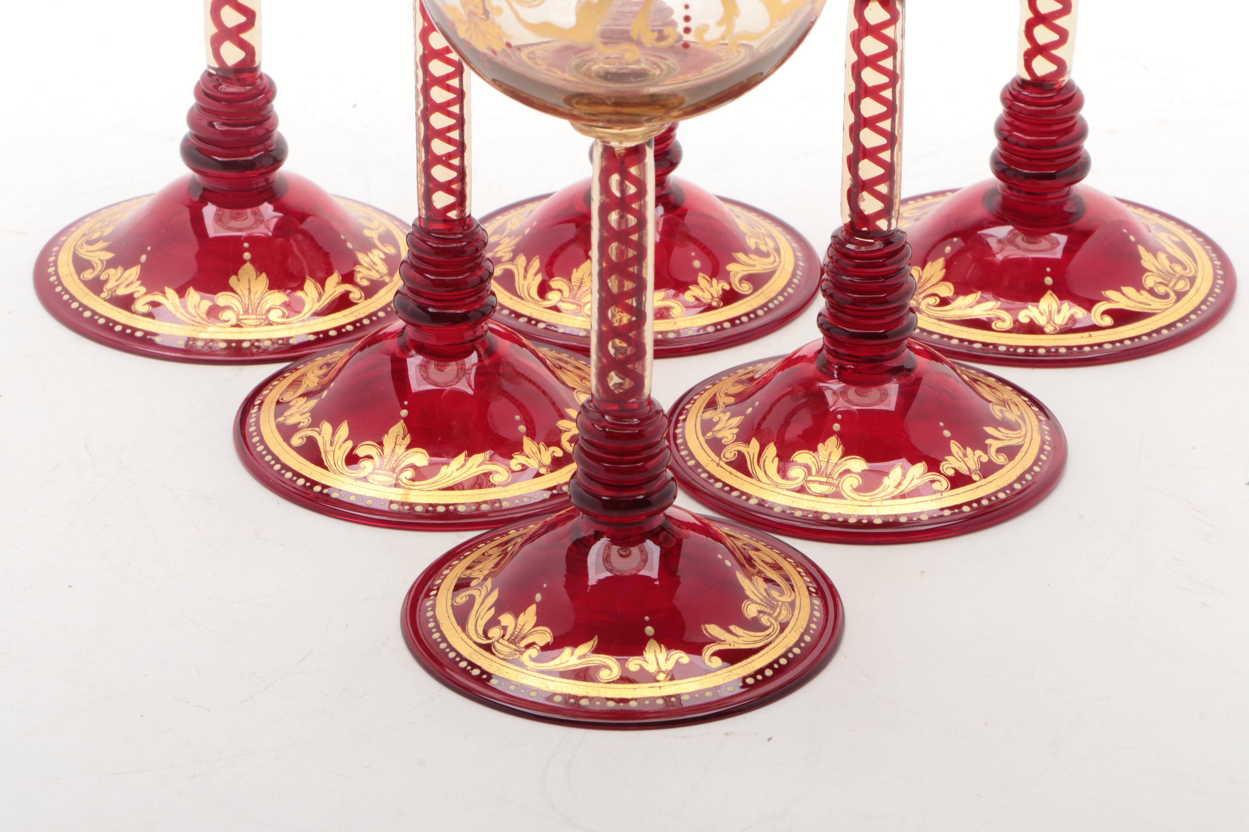 Moser Salviati Ruby and Gilt Wine Glasses, Late 19th/ Early 20th Century