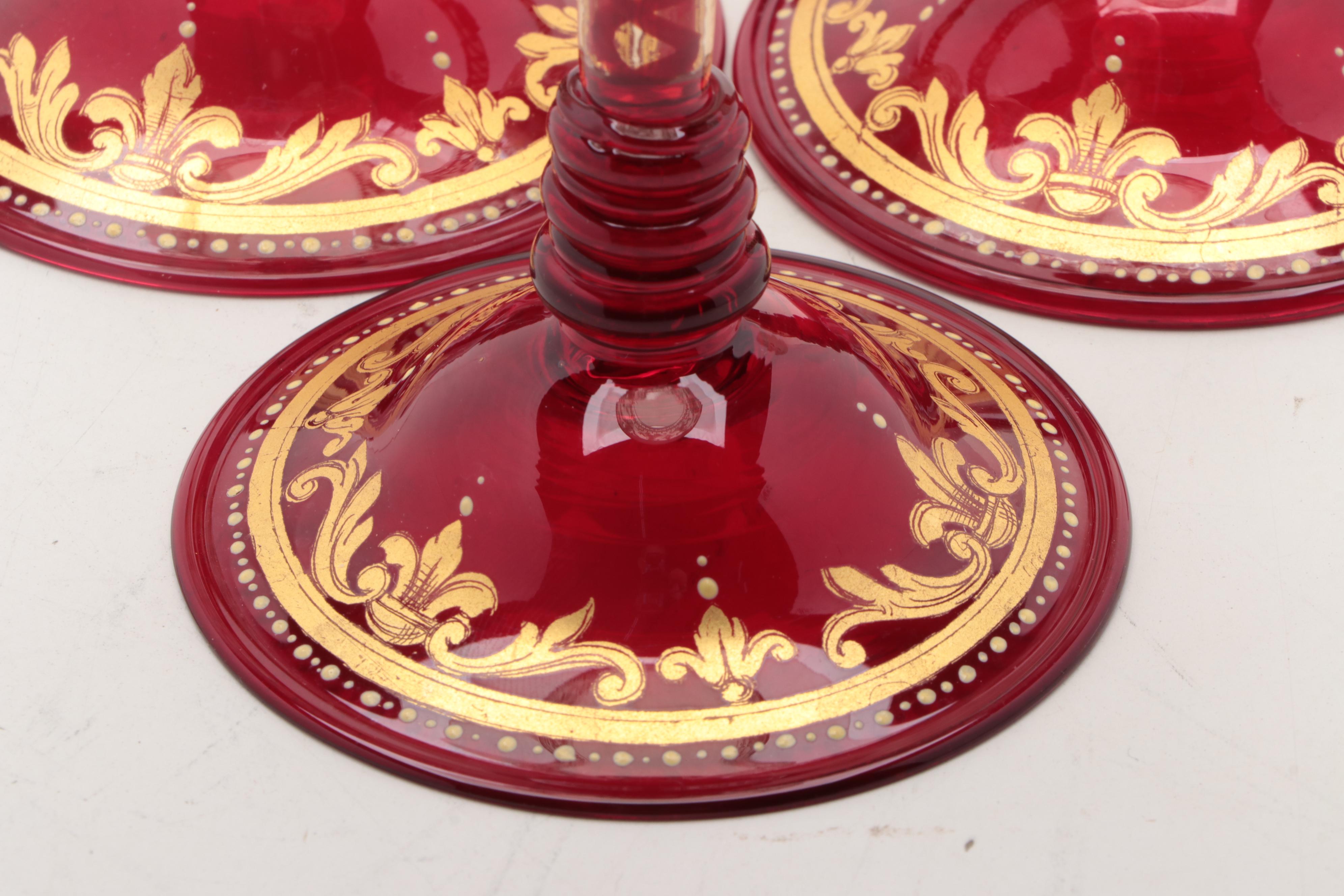 Moser Salviati Ruby and Gilt Wine Glasses, Late 19th/ Early 20th Century