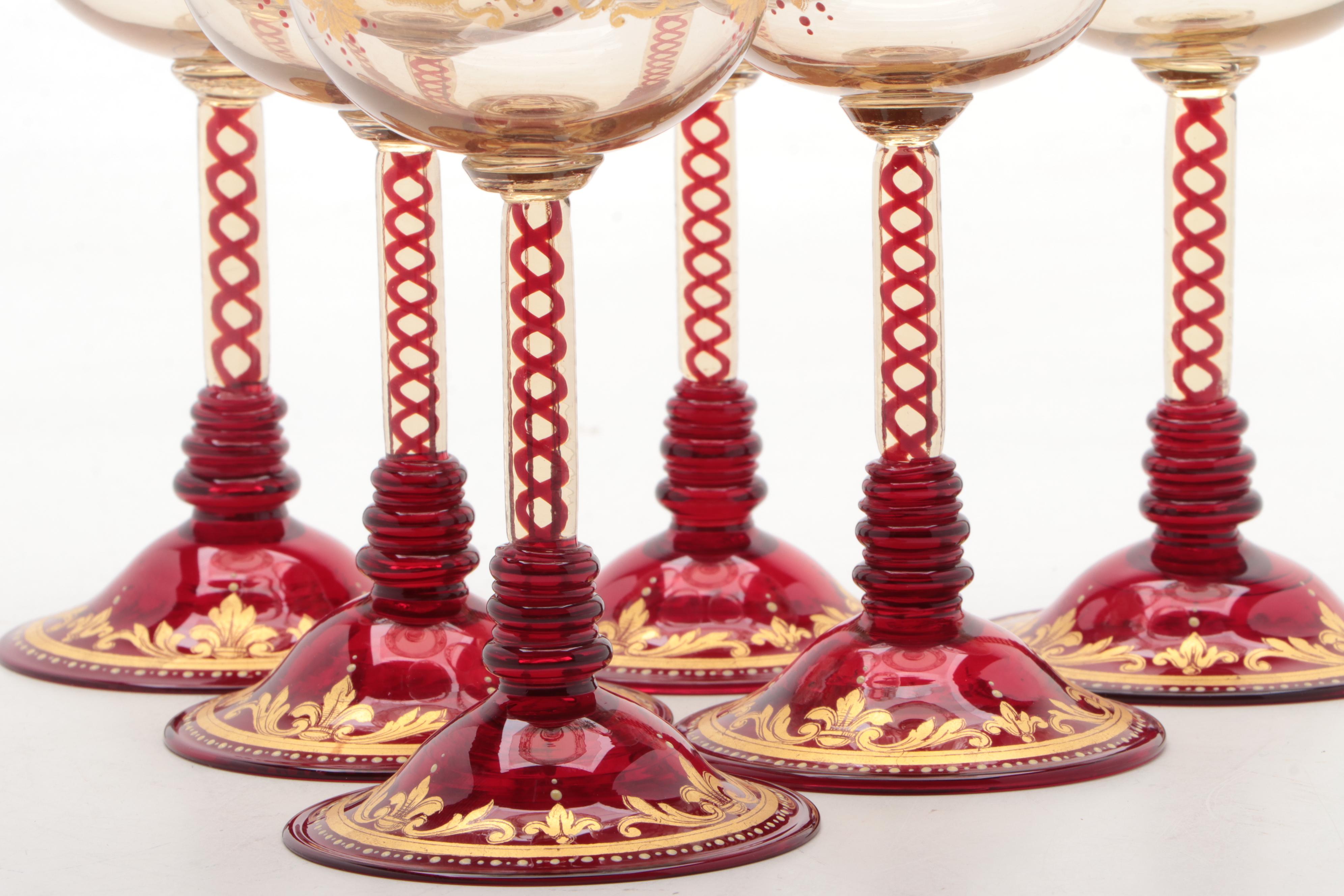 Moser Salviati Ruby and Gilt Wine Glasses, Late 19th/ Early 20th Century